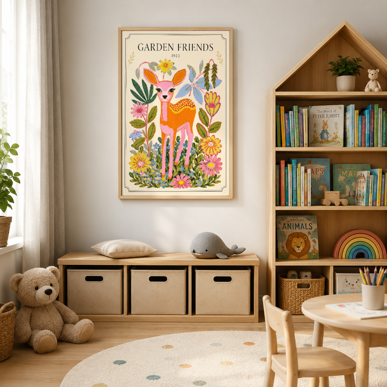 Çocuk odasında ahşap çerçeveli Garden Friends posteri, canlı renkleriyle mekan aydınlatıyor.