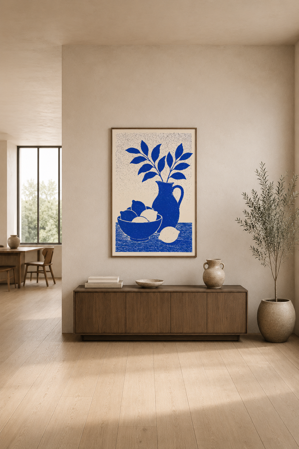 Minimalist şekillerde mavi bitki ve meyve motifli poster, çağdaş oturma alanında kontrastlı duvar sanat uygulaması.