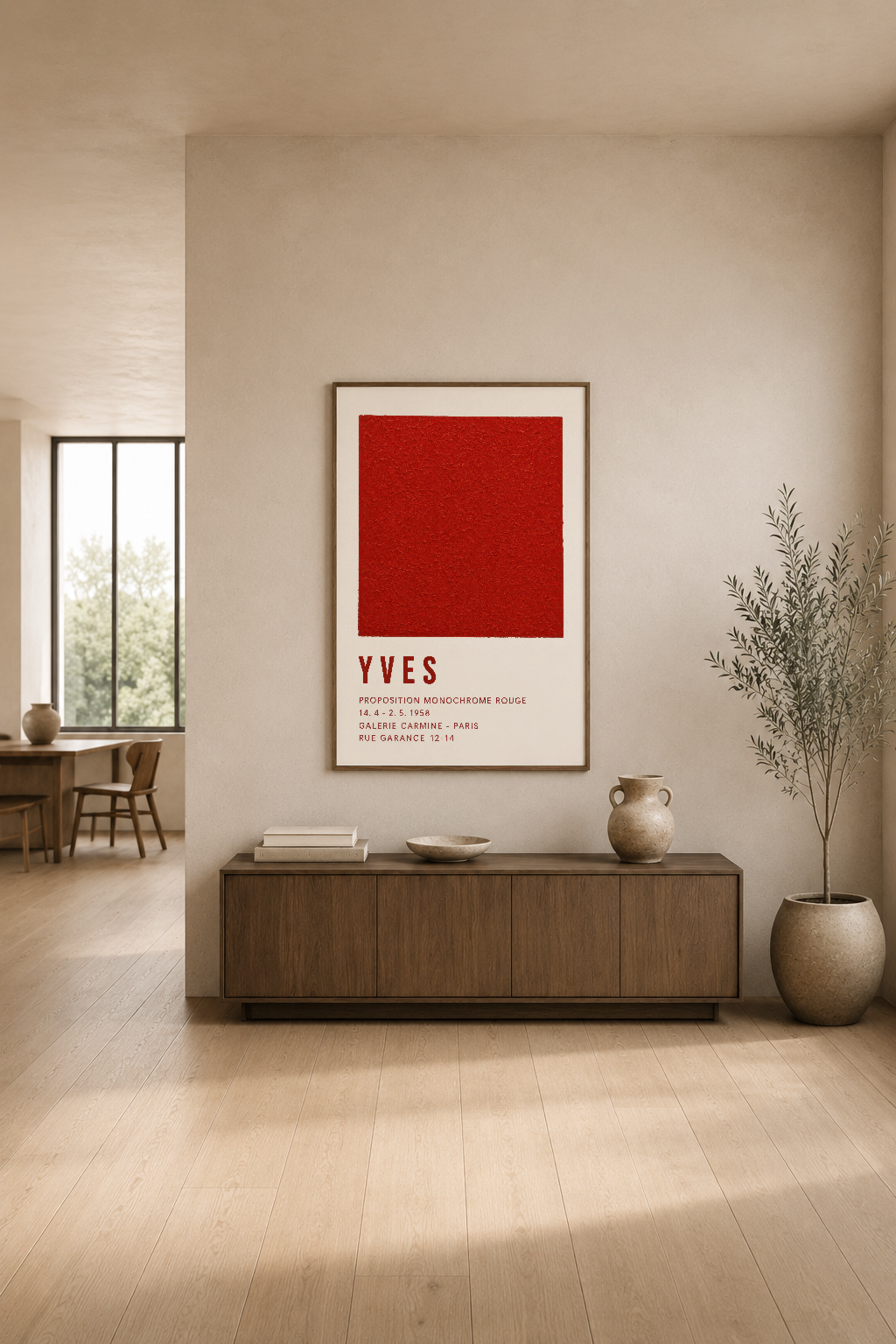 Modern minimalist oturma odasında, ahşap mobilya üstünde kırmızı kare motifli sanat posteri sergilenmektedir.