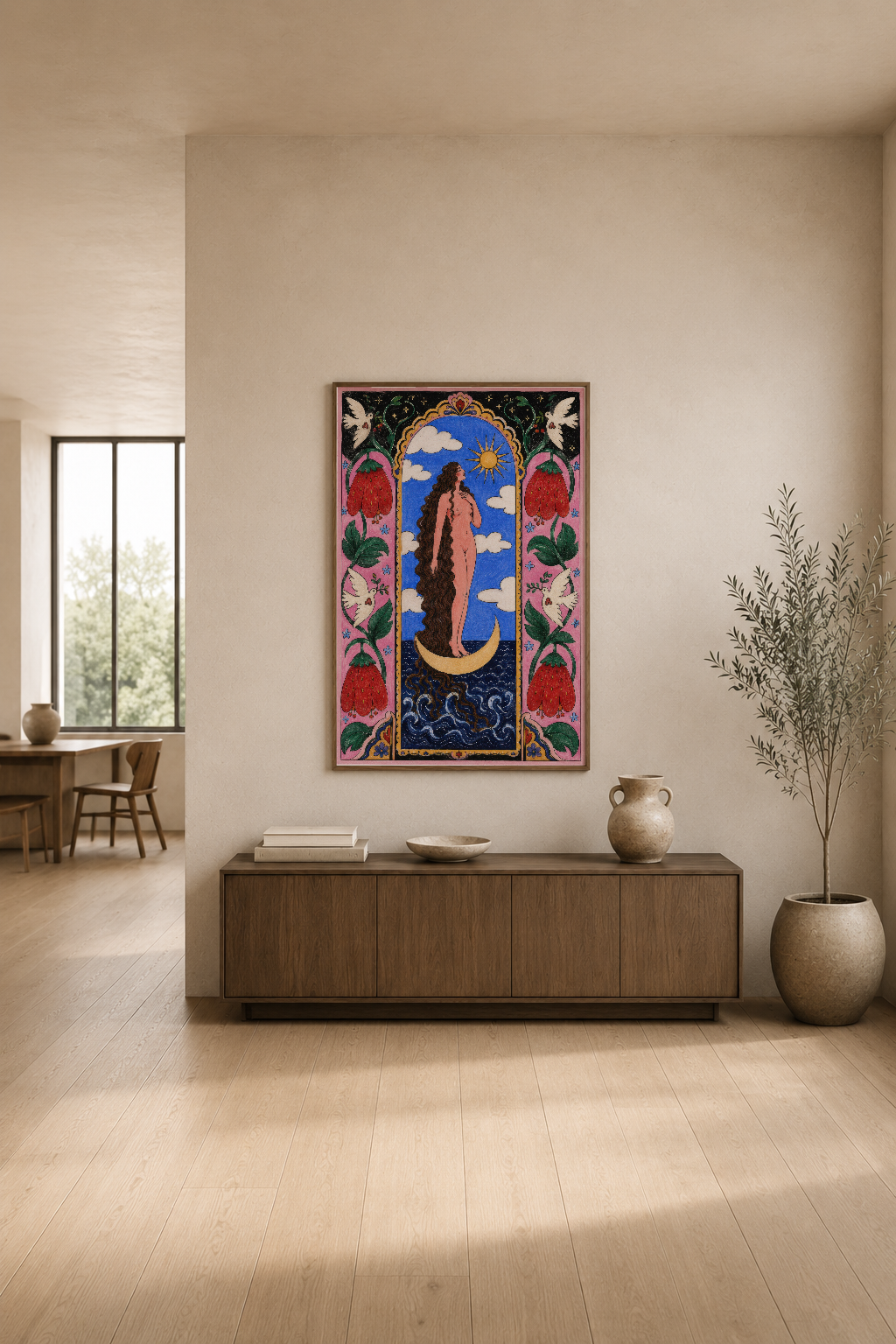 Oryantal sanat ve çiçek motifleri ile dekore edilmiş poster, modern oturma odasında zen havasını tamamlıyor.
