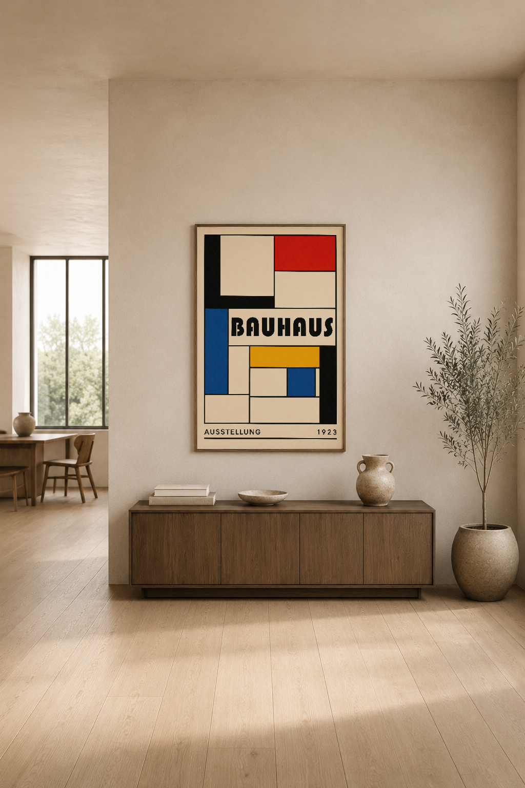 Bauhaus geometrik tasarım posteri, modern ahşap mobilya ve çiçek vazosuyla bezenmiş minimalist oturma alanında.