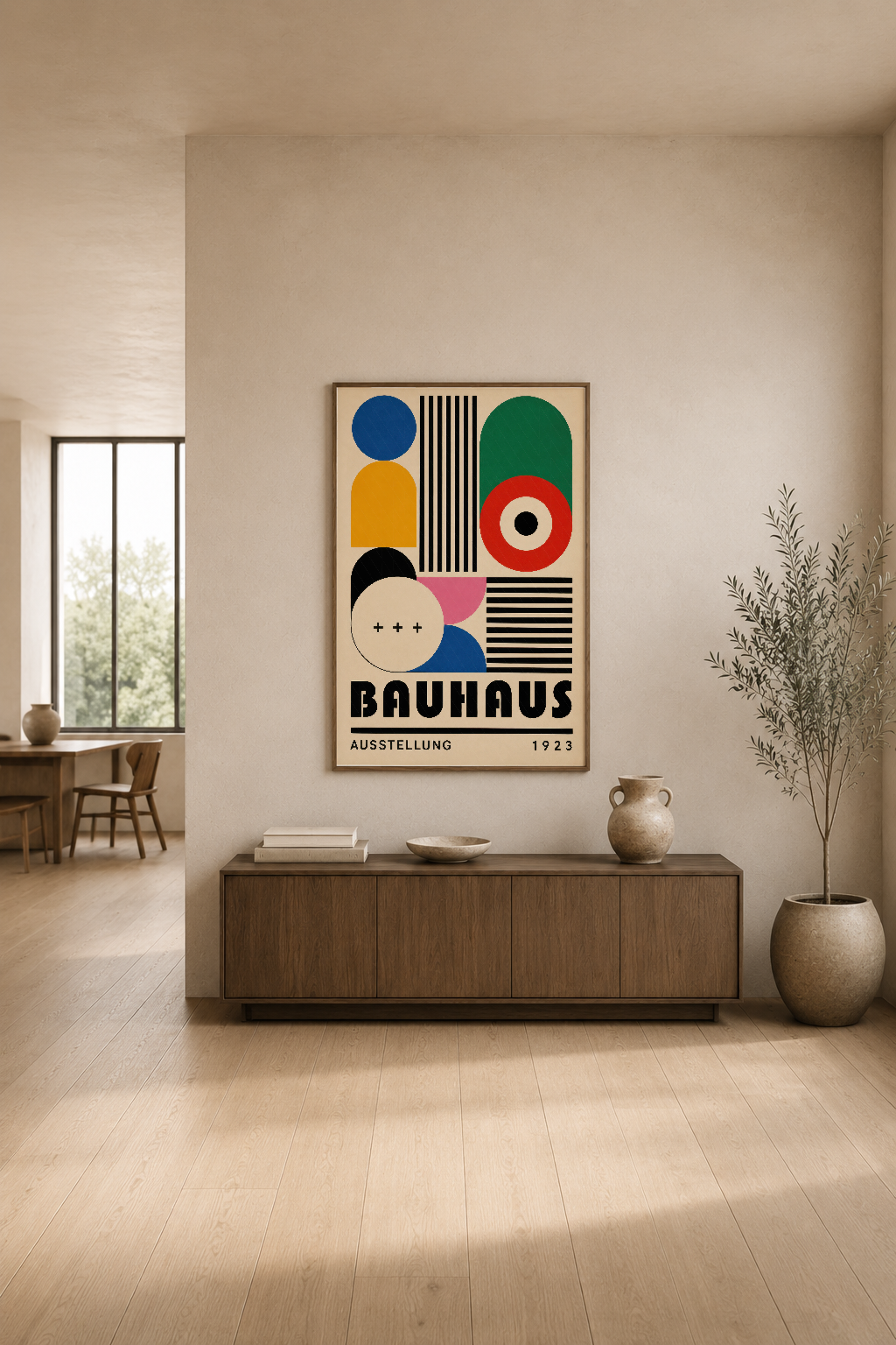 Bauhaus Ausstellung 1923 tablosu, modern oturma odasında minimalist dekorasyonla tasarımın gücünü sergiler.