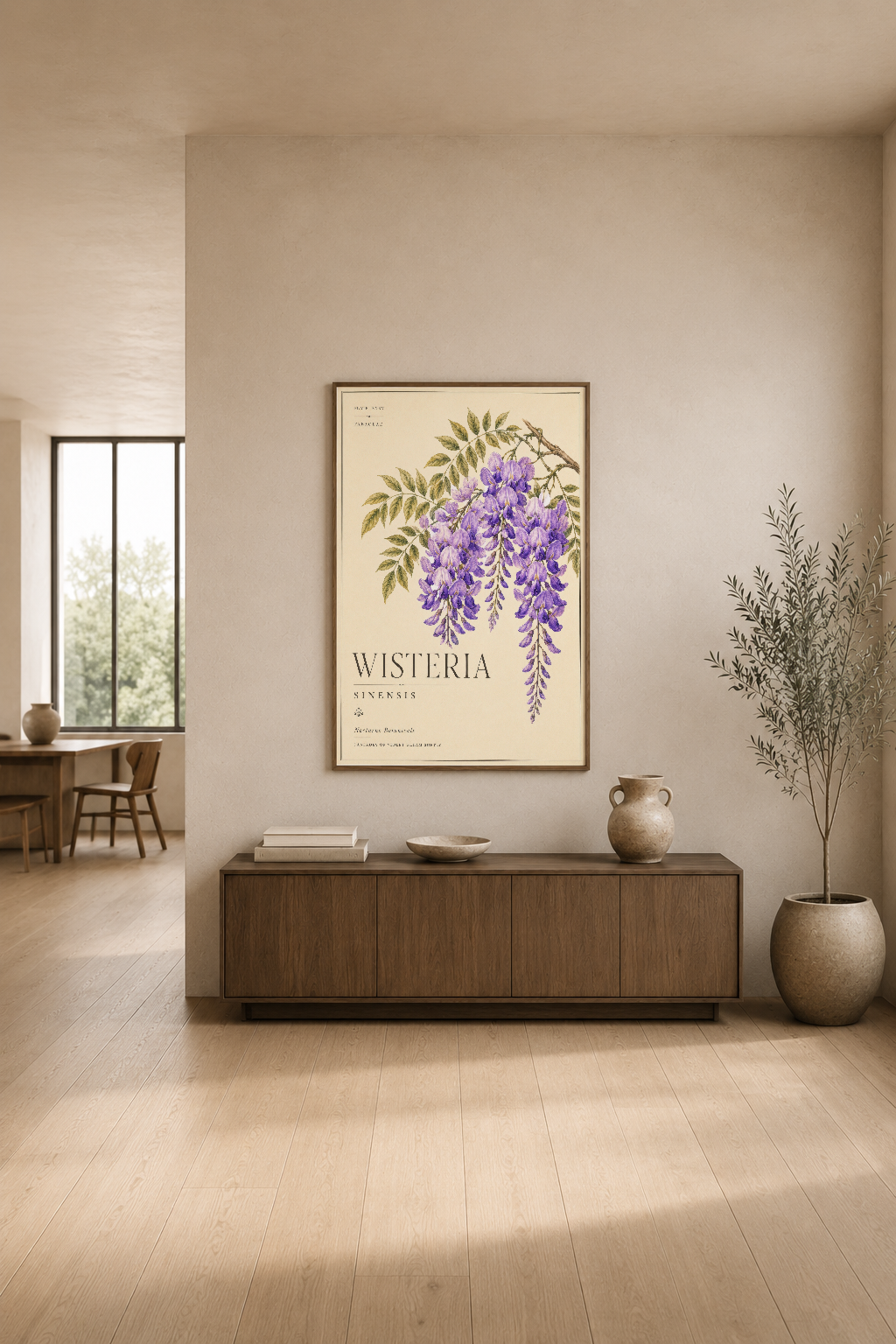 Wisteria baskısı, ahşap konsol üstünde modern minimalist oturma alanını dekore eden zarif duvar tablosu.