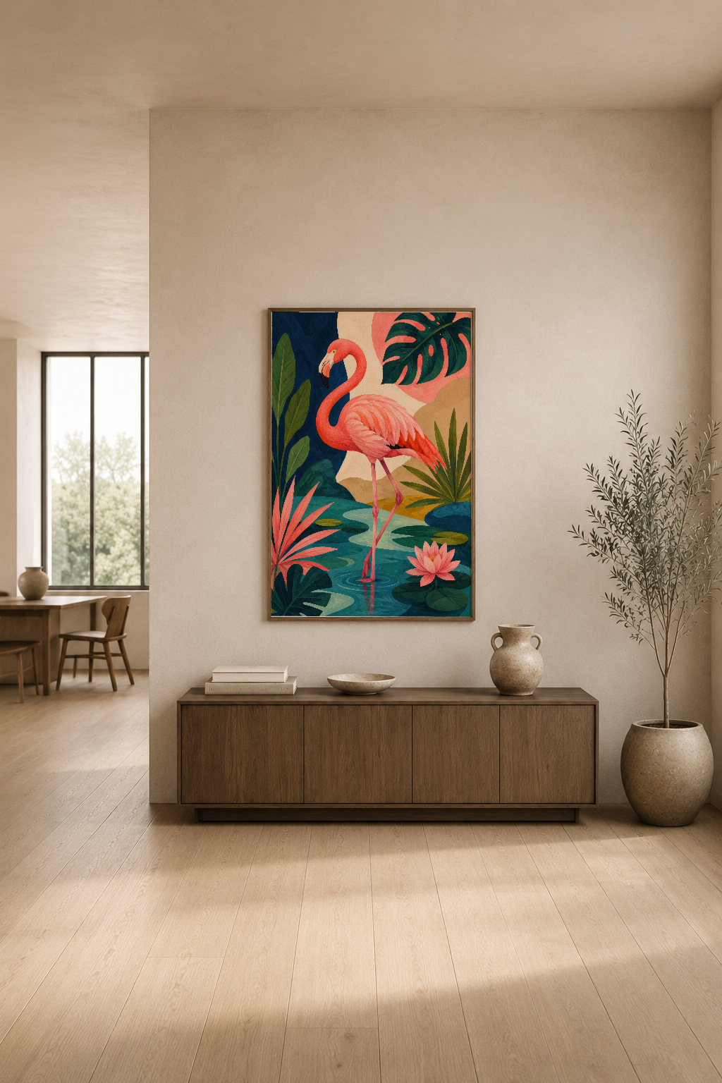 Modern oturma odasında duvarına asılı, canlı renkleriyle flamingo temalı dekoratif sanat tablosu.