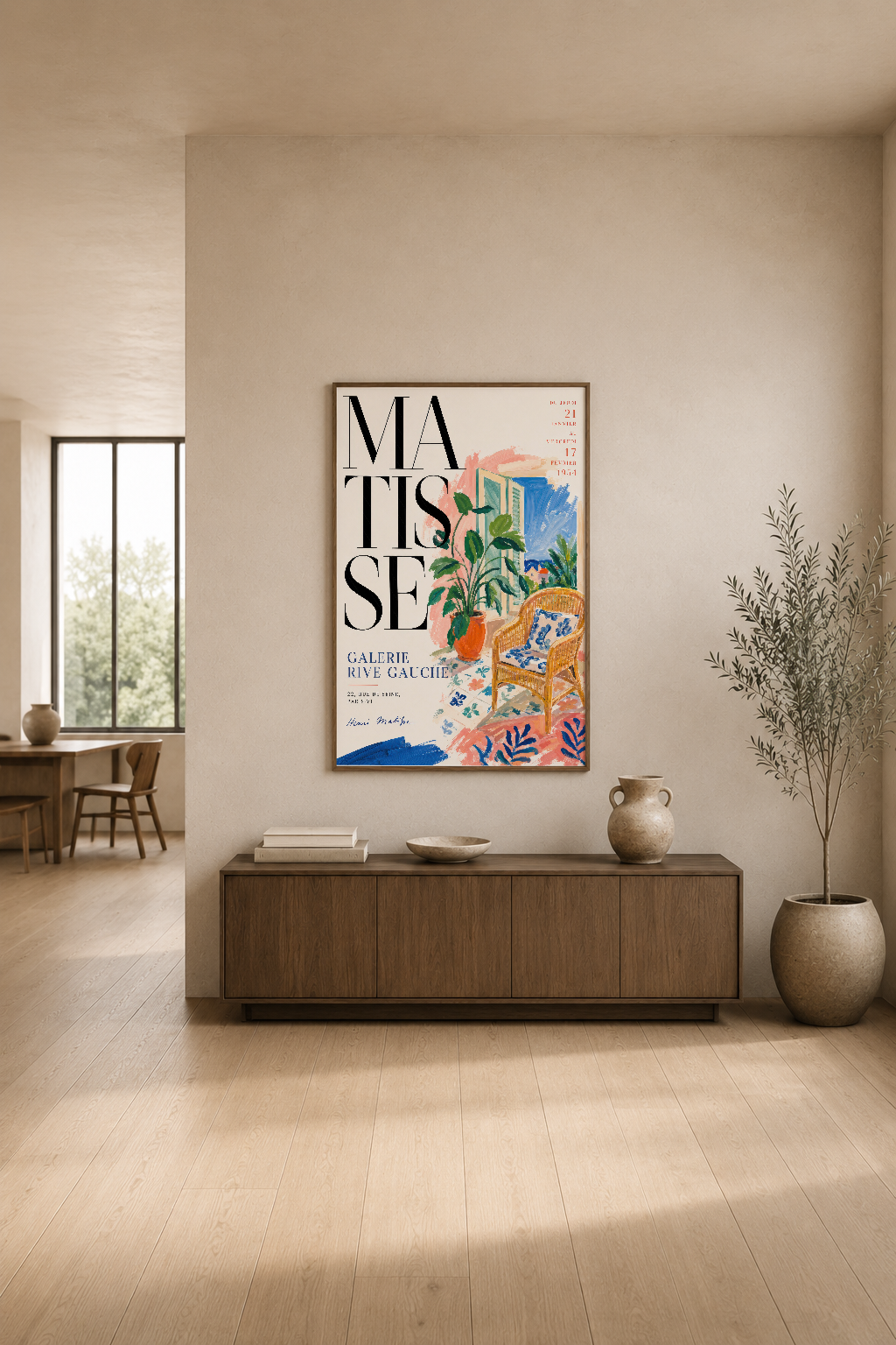 Matisse galeri tablosu, minimalist salon dekorasyonunda, ahşap konsol ve kuru çiçeklerle.