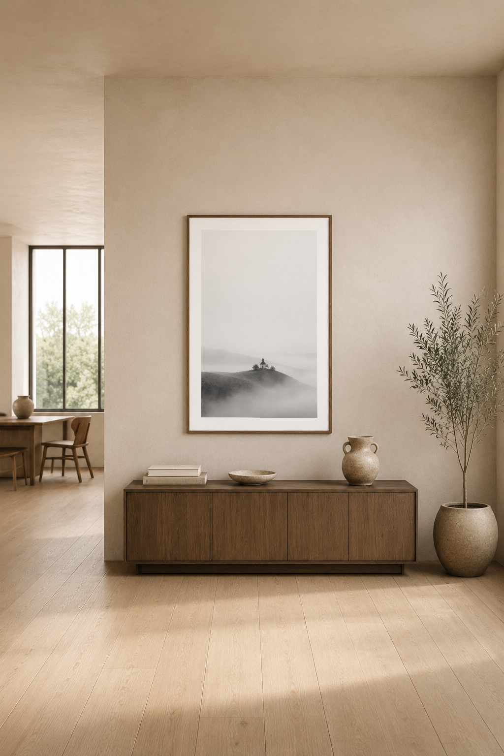 Minimalist oturma alanında, seramik vazo yanında sis içindeki kule tablosu duvar dekoru.