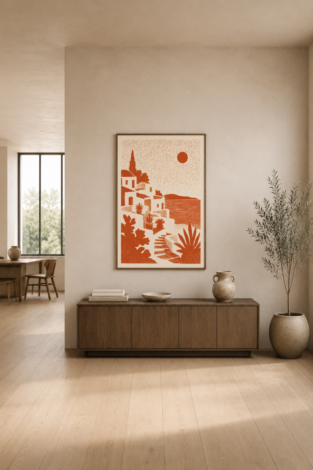 Sıcak renklere boyanmış Santorini evleri ve kaktüsleri gösteren sanat baskısı, modern oturma odasında asılı.