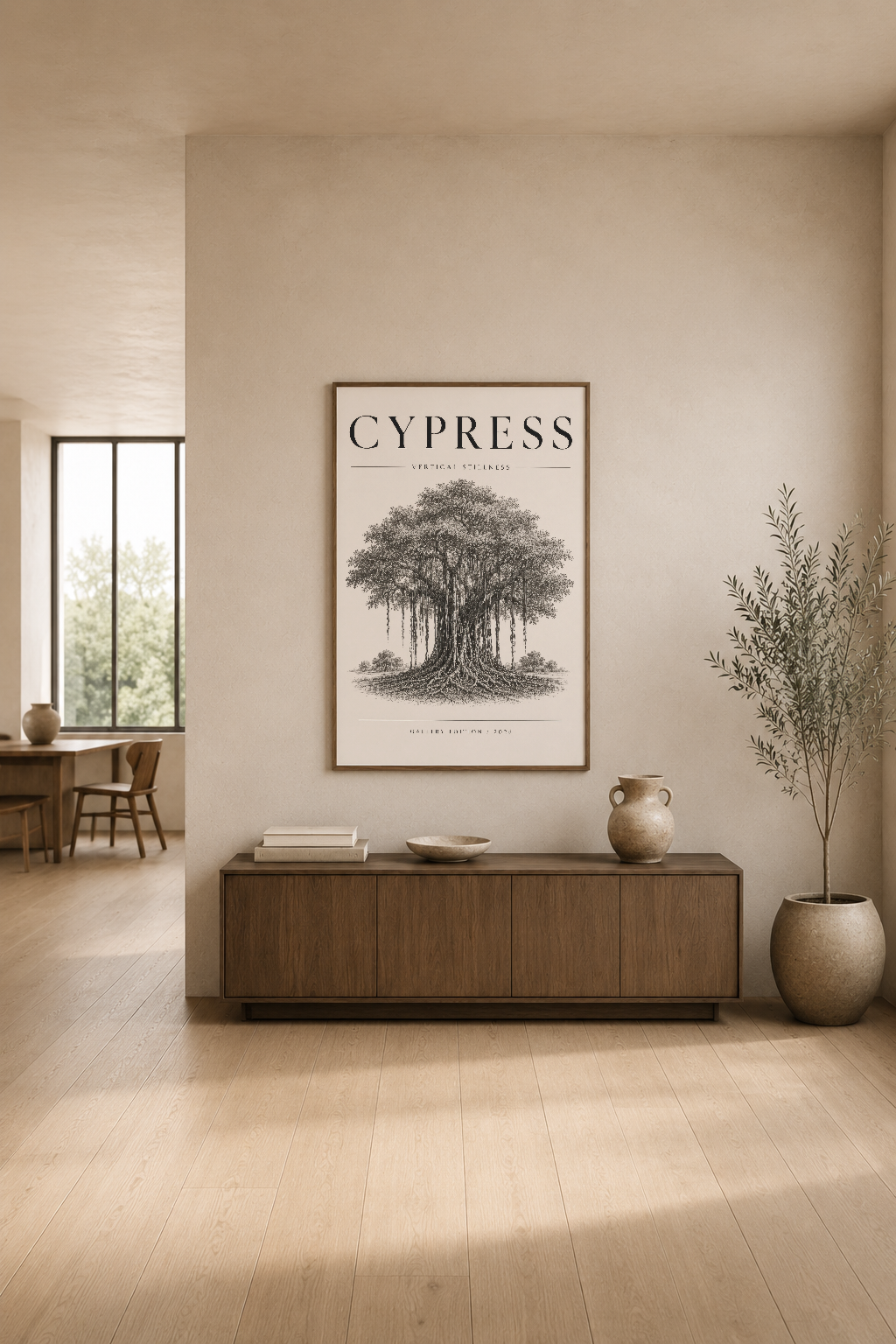 Modern oturma odasında, ahşap konsol üstünde sergilenen Cypress poster, bitki ve nötr tonlarla şekillendirilen sakin bir
