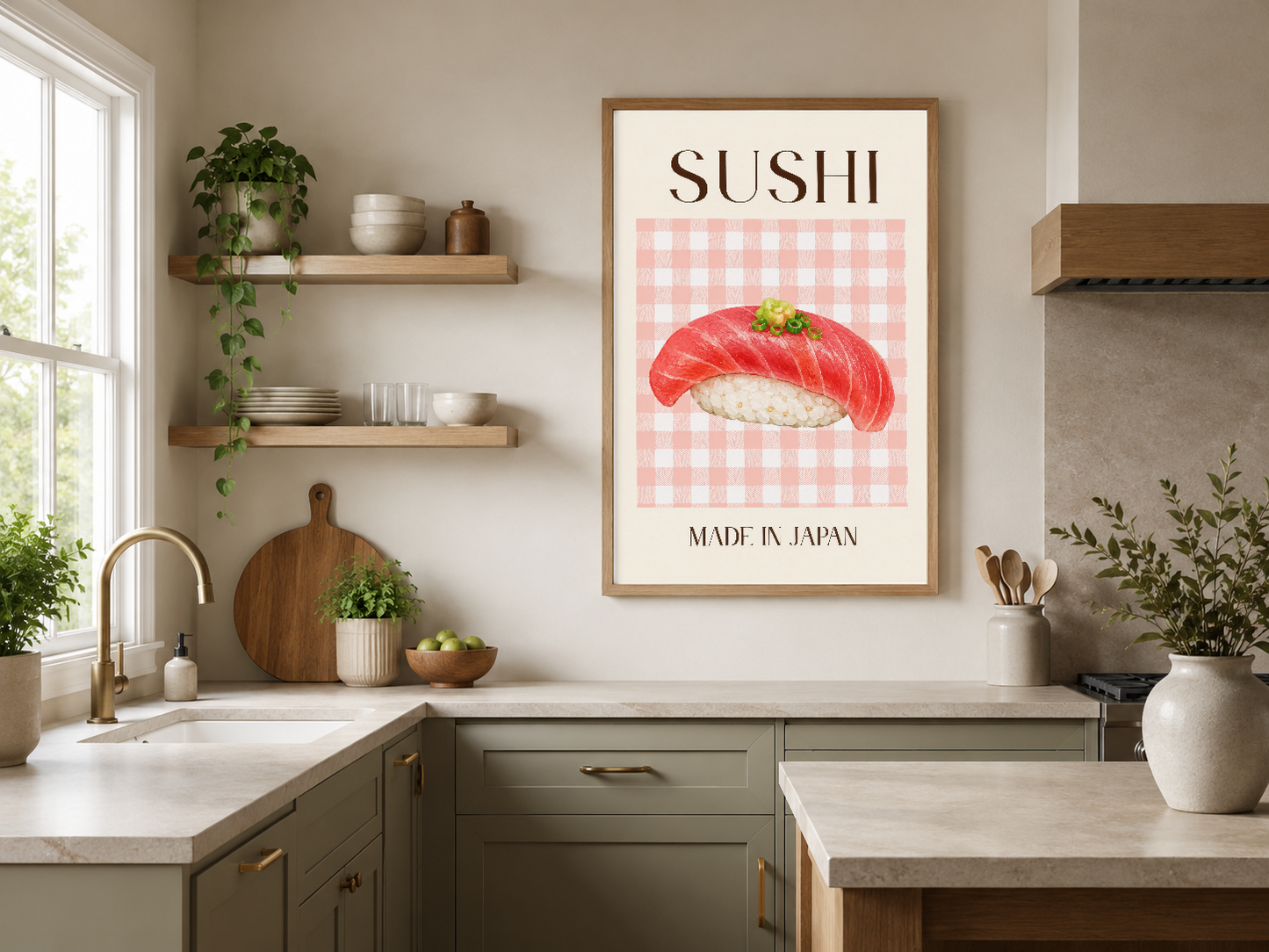 Sushi posteri, Japonya temalı sanat baskısı, ahşap çerçeveli, rahat mutfak ortamında estetik duvar dekoru.