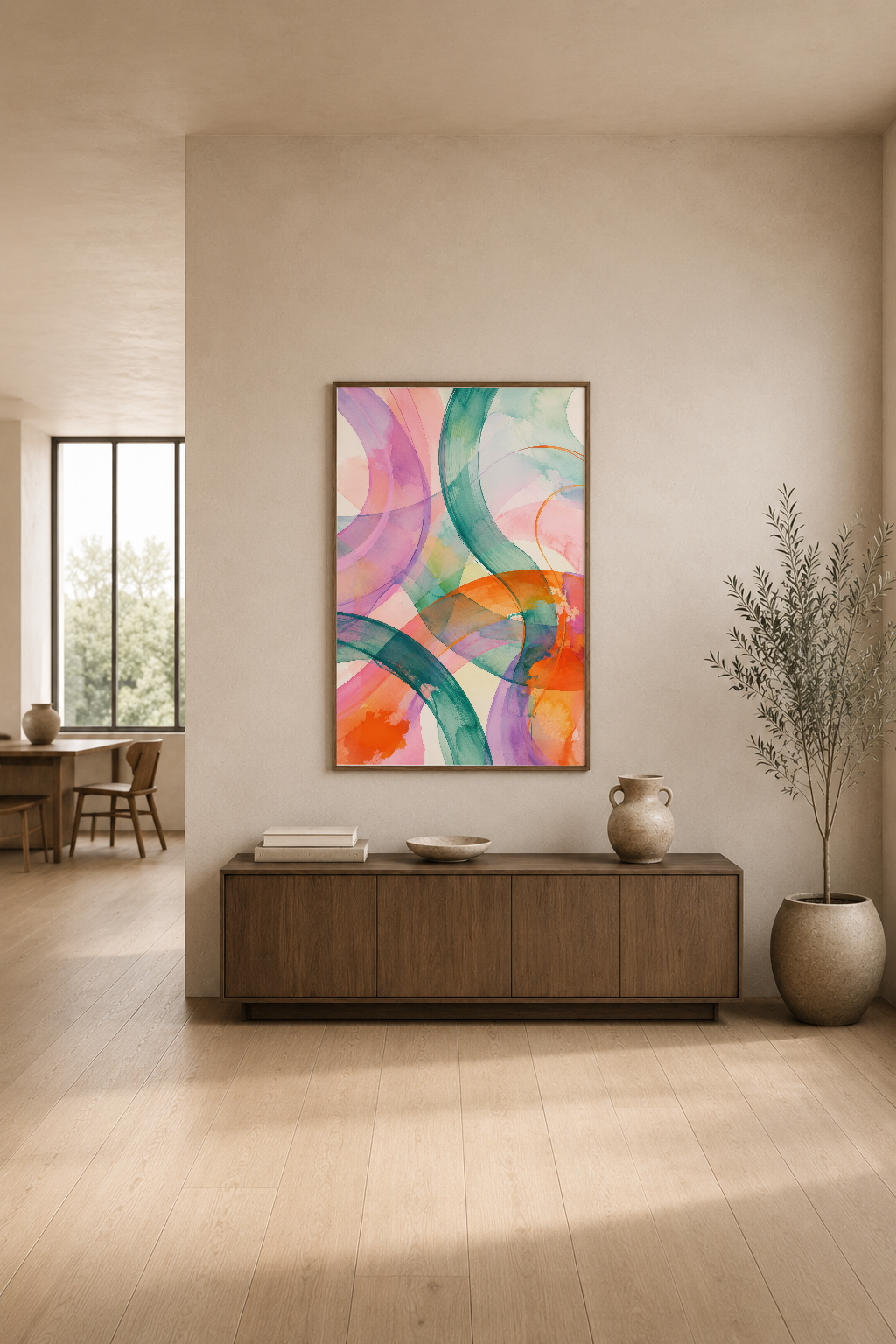 Pastel tonlarda organik eğriler ve canlı renklerle tasarlanmış contemporary sanat baskısı.