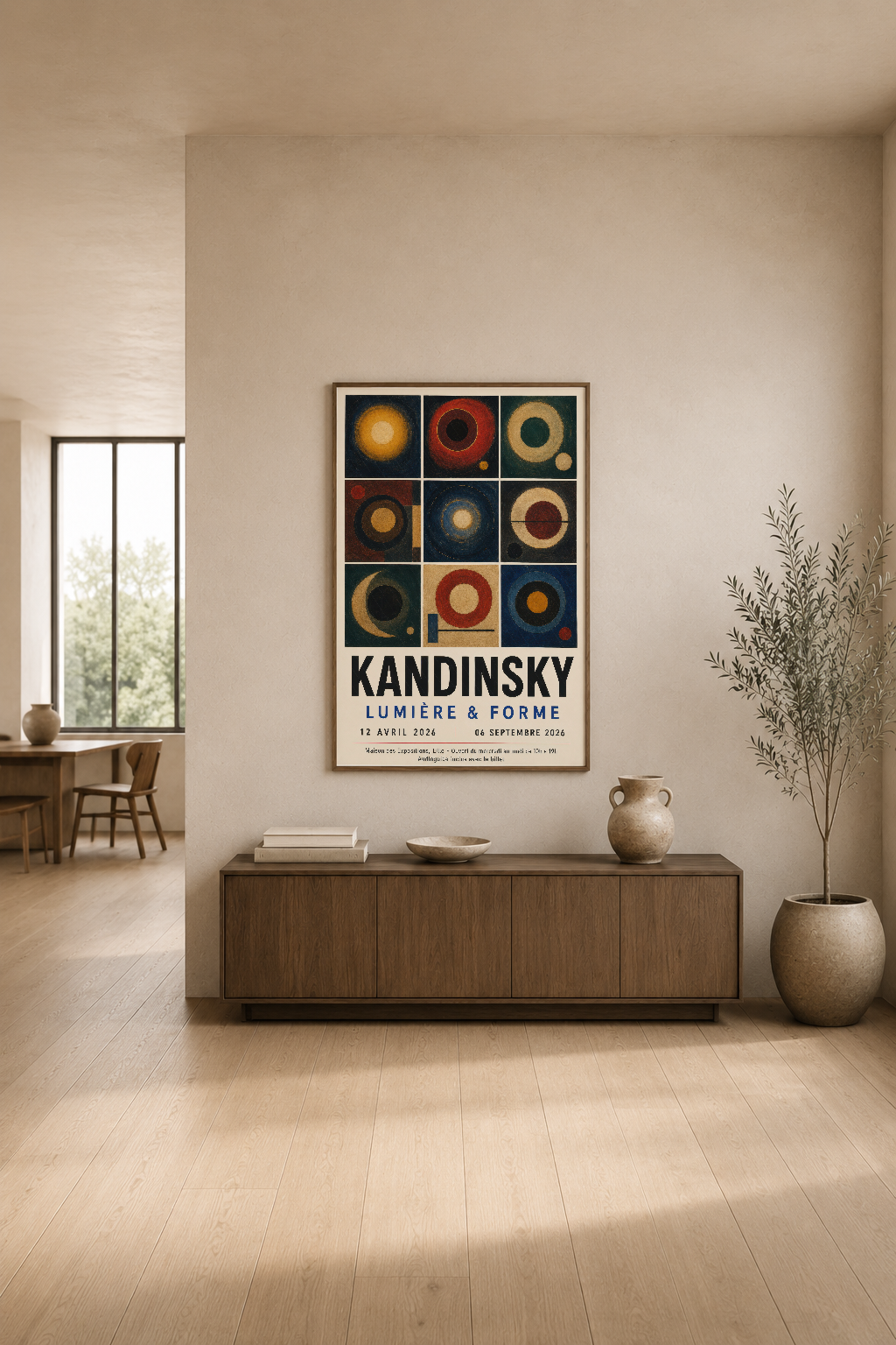 Kandinsky Lumière & Forme posteri, minimalist oturma odasının beyaz duvarında modern zarafet yaratıyor.