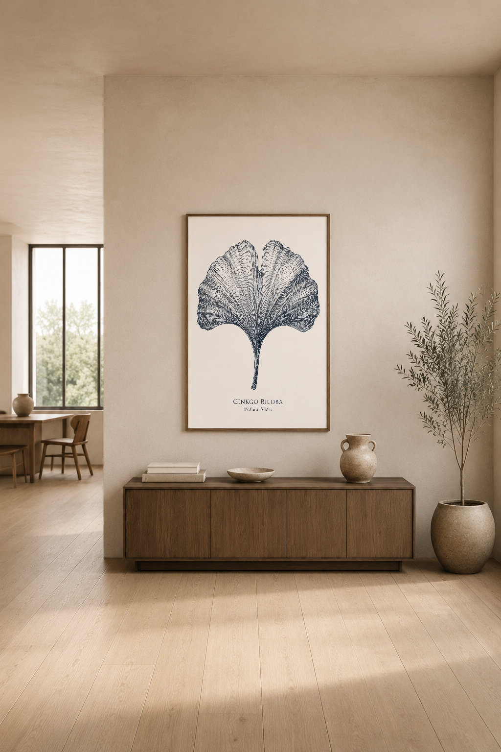 Ginkgo Biloba insan figürü botanik poster, modern iç tasarımda zarif duvar sanatı.