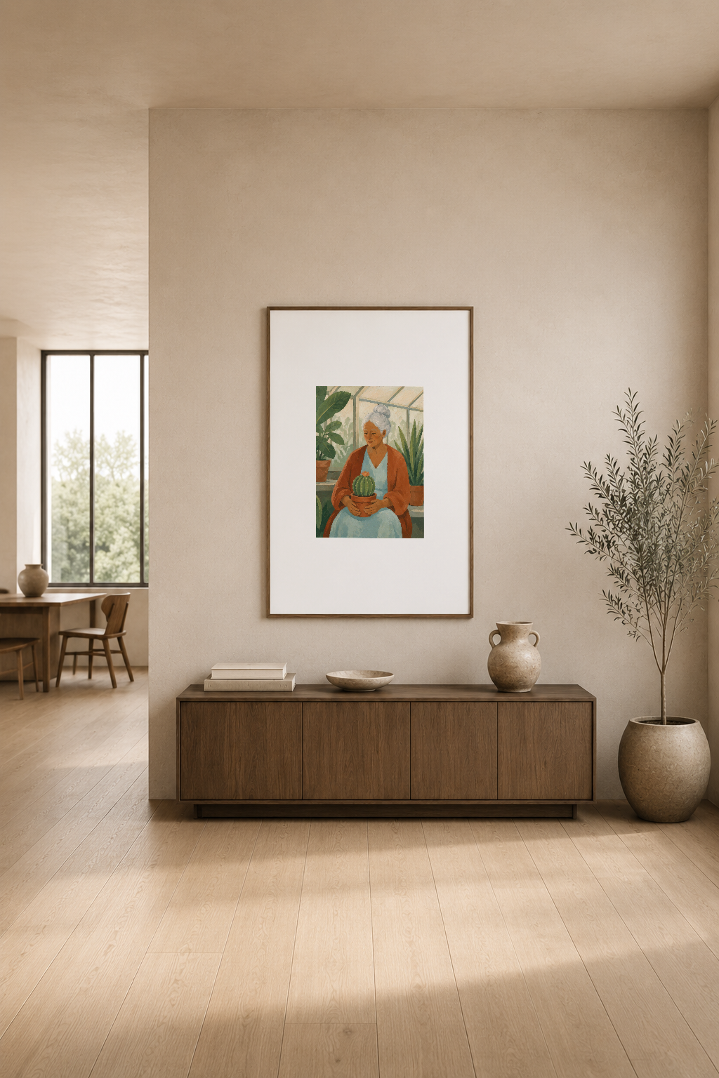 Minimalist oturma odasında ahşap konsol üstüne asılı, bitki motifleriyle doğal ışık alan, sakin renkli portre tablosu.