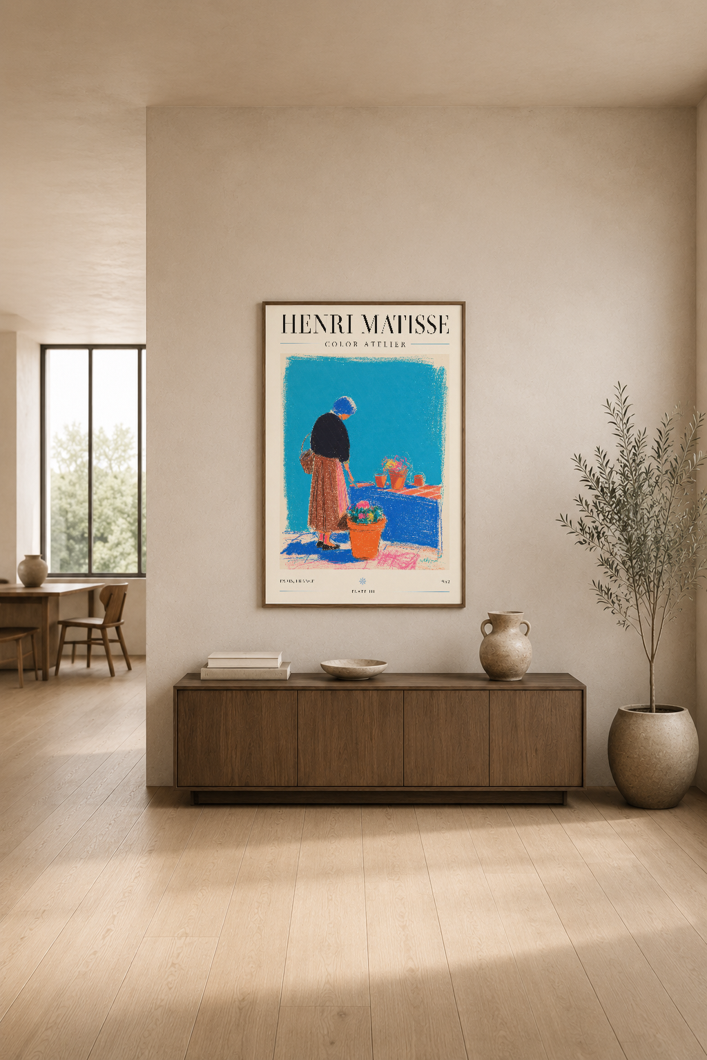 Henri Matisse Color Atelier posteri, minimalist oturma odasında ahşap konsol üstünde canlı mavi ve turuncu renklerle yer