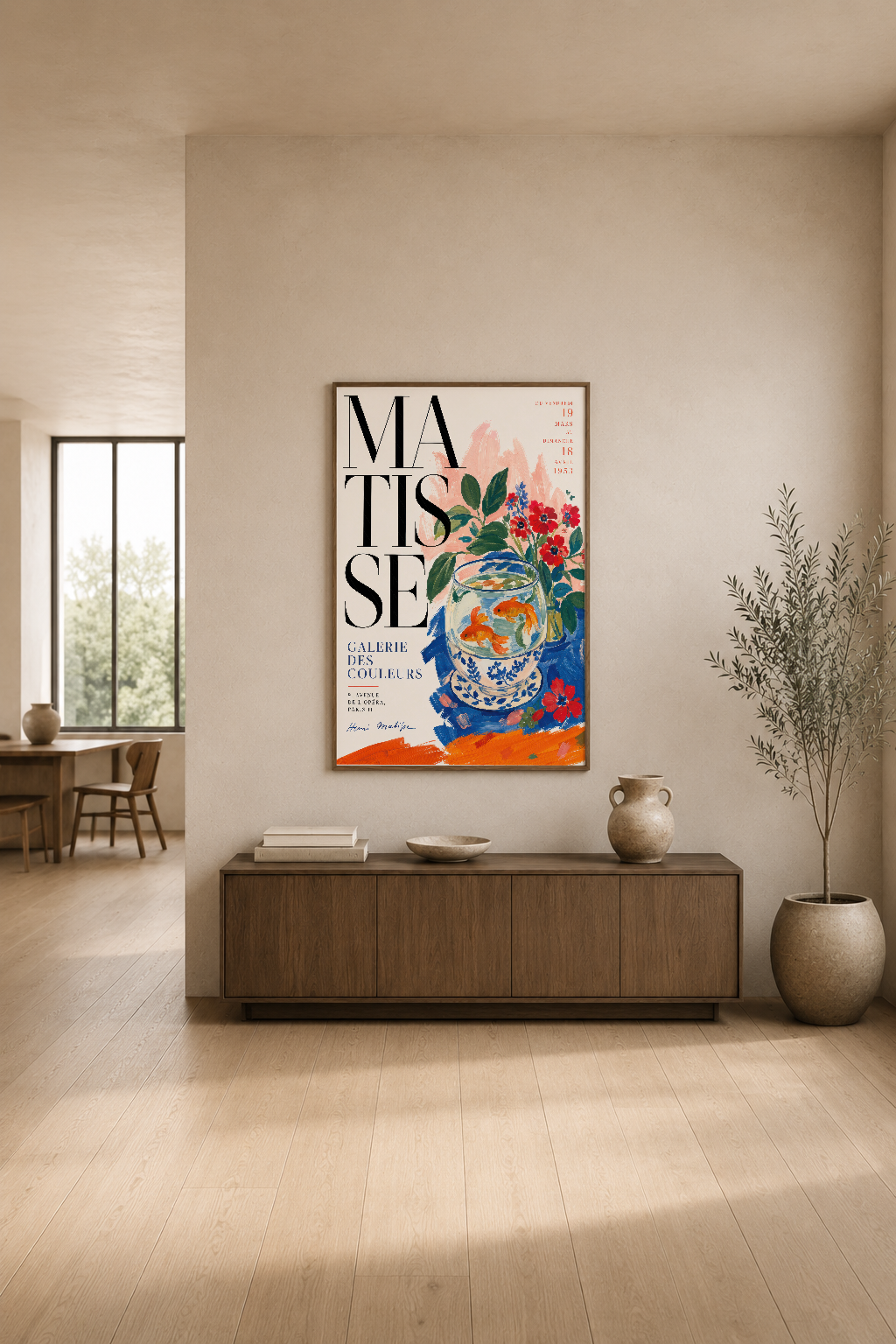 Matisse Galerie des Couleurs tablosu, ahşap konsol üzerinde zarif bitkilerle yan yana duran rengarenk sanat baskısı.