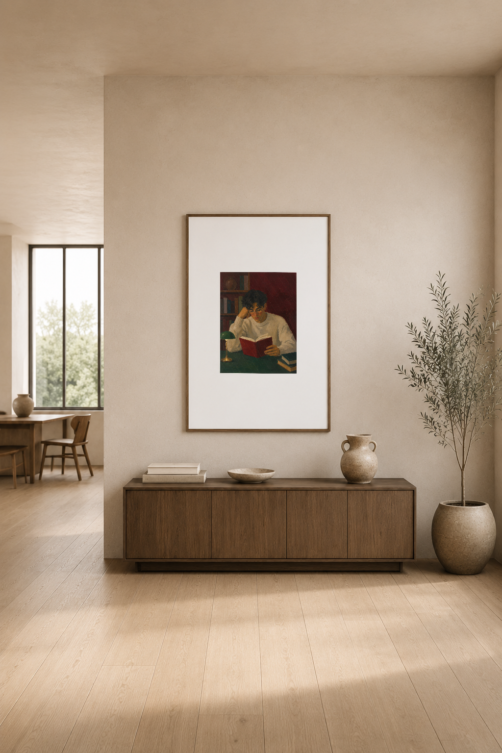 Kütüphanede kitap okuyan figür motifli zarif poster, modern minimal yaşam alanında duvar dekorasyon.