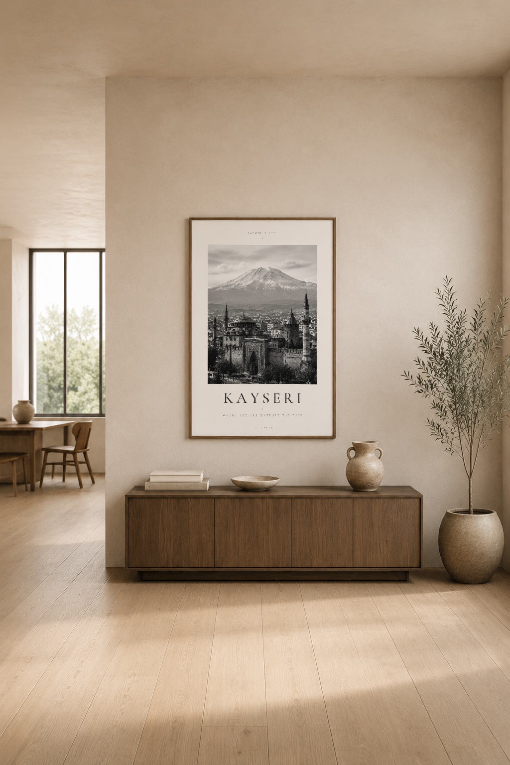 Modern oturma odasında, wenge mobilya üzerinde sergilenen Kayseri sanat baskısı, nötr dekorasyonla uyum sağlıyor.
