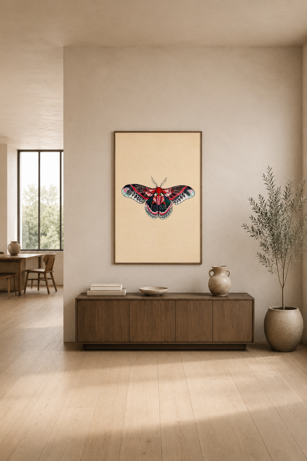 Renkli kelebek deseni tablou modern minimalist oturma alanında, ahşap mobilya ve bitki dekorasyonuyla.