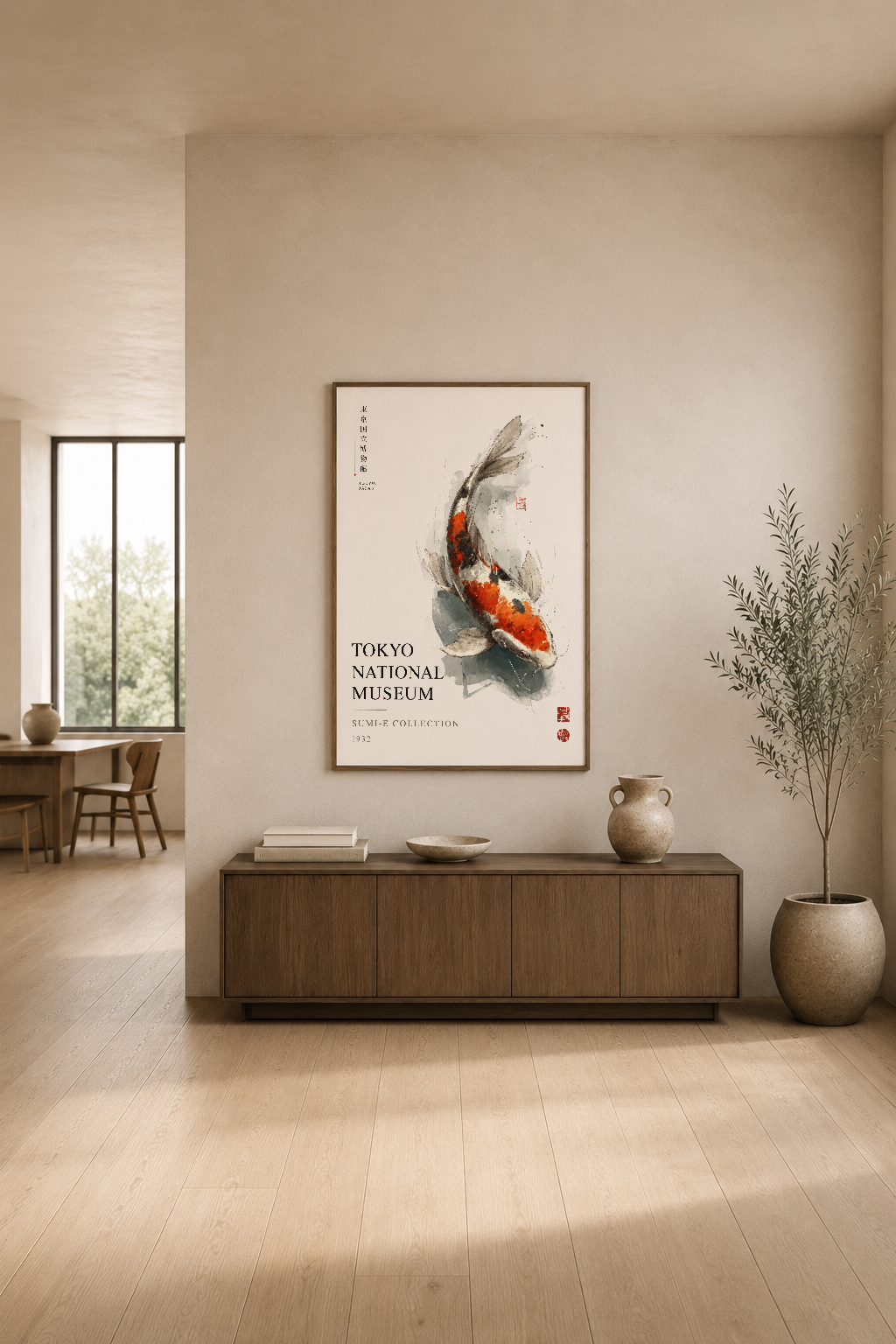 Nötr tonlu modern oturma odasında, koi balığı temalı Tokyo National Museum sanat posterinin rahat sergilenmesi.