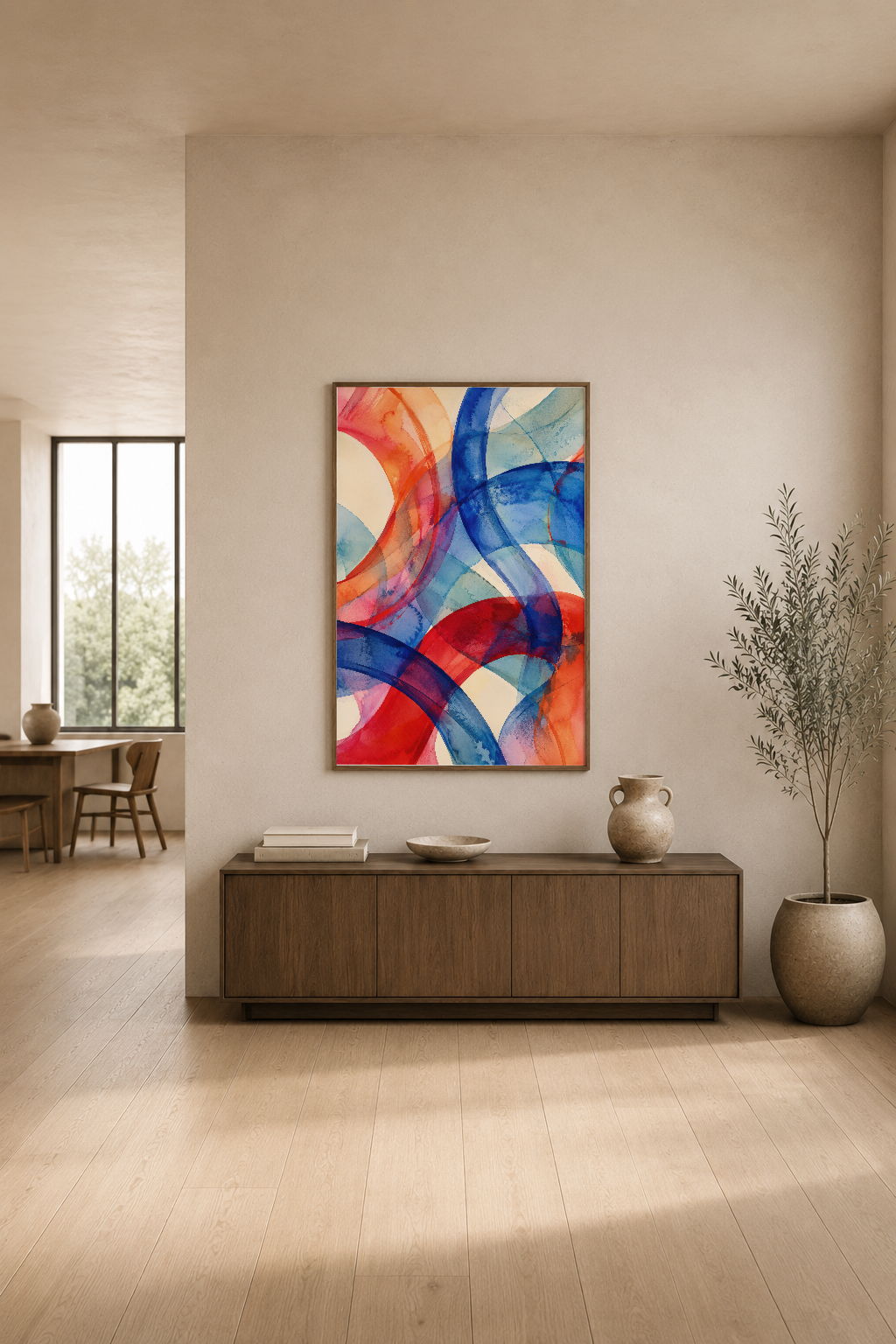 Colorful modern tablo, salon konsol üstünde, geometrik desen ve sıcak renk paletine sahip.