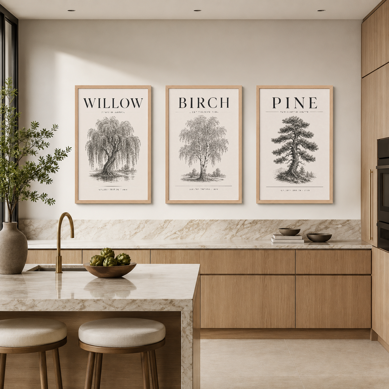 Söğüt, huş ve çam ağacı illustrasyonlarından oluşan minimal tablo triptik, modern mutfak tasarımını tamamlar.