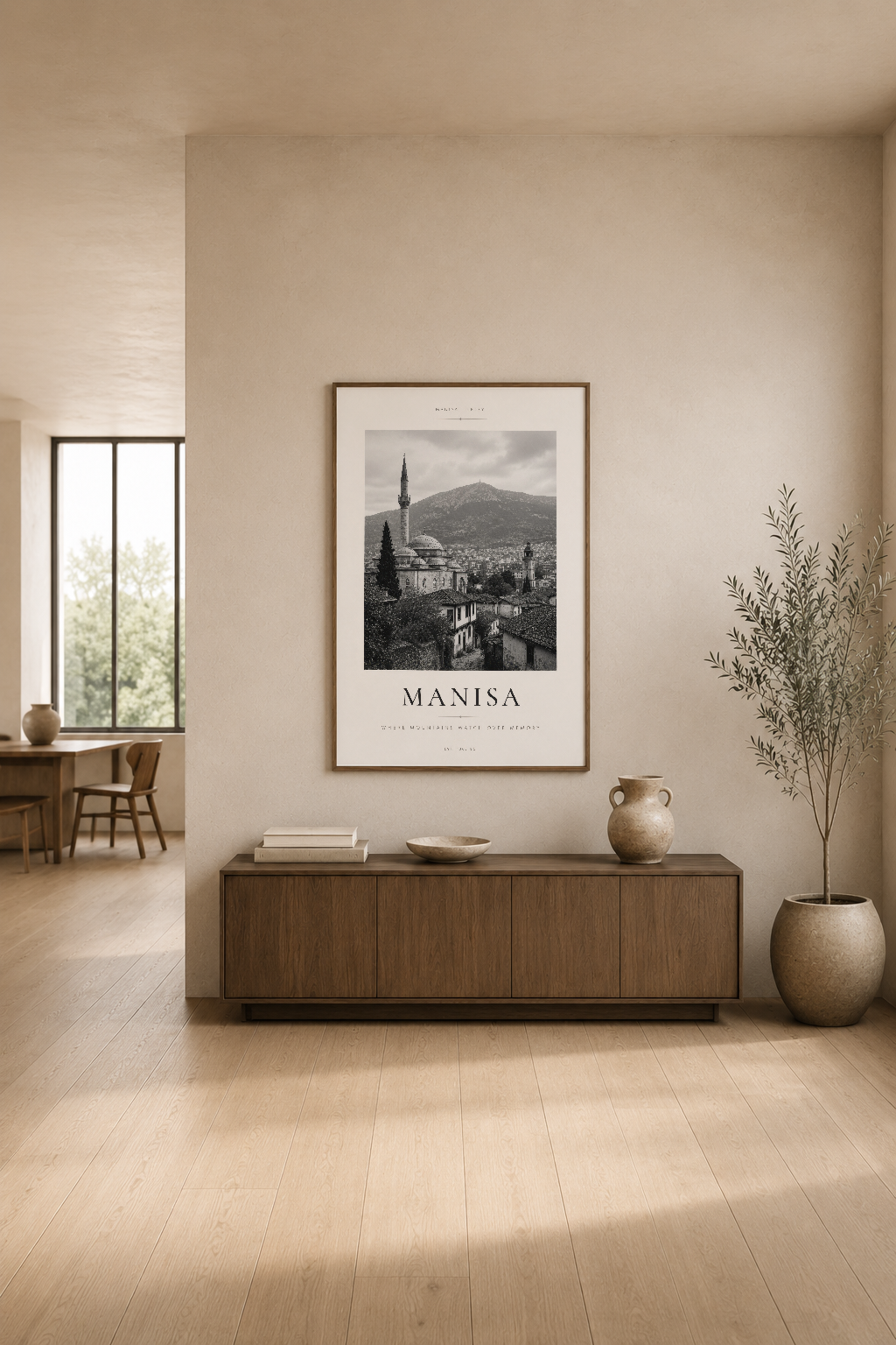 Manisa şehir tablosu, ahşap konsol üstünde asılı, krem duvarlı modern minimalist oturma alanında.