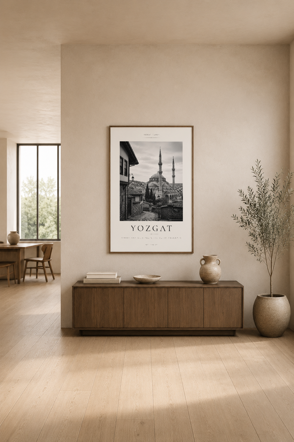 Yozgat poster, açık ahşap mobilyalar ve doğal ışığın hakim olduğu minimalist modern oturma alanında.
