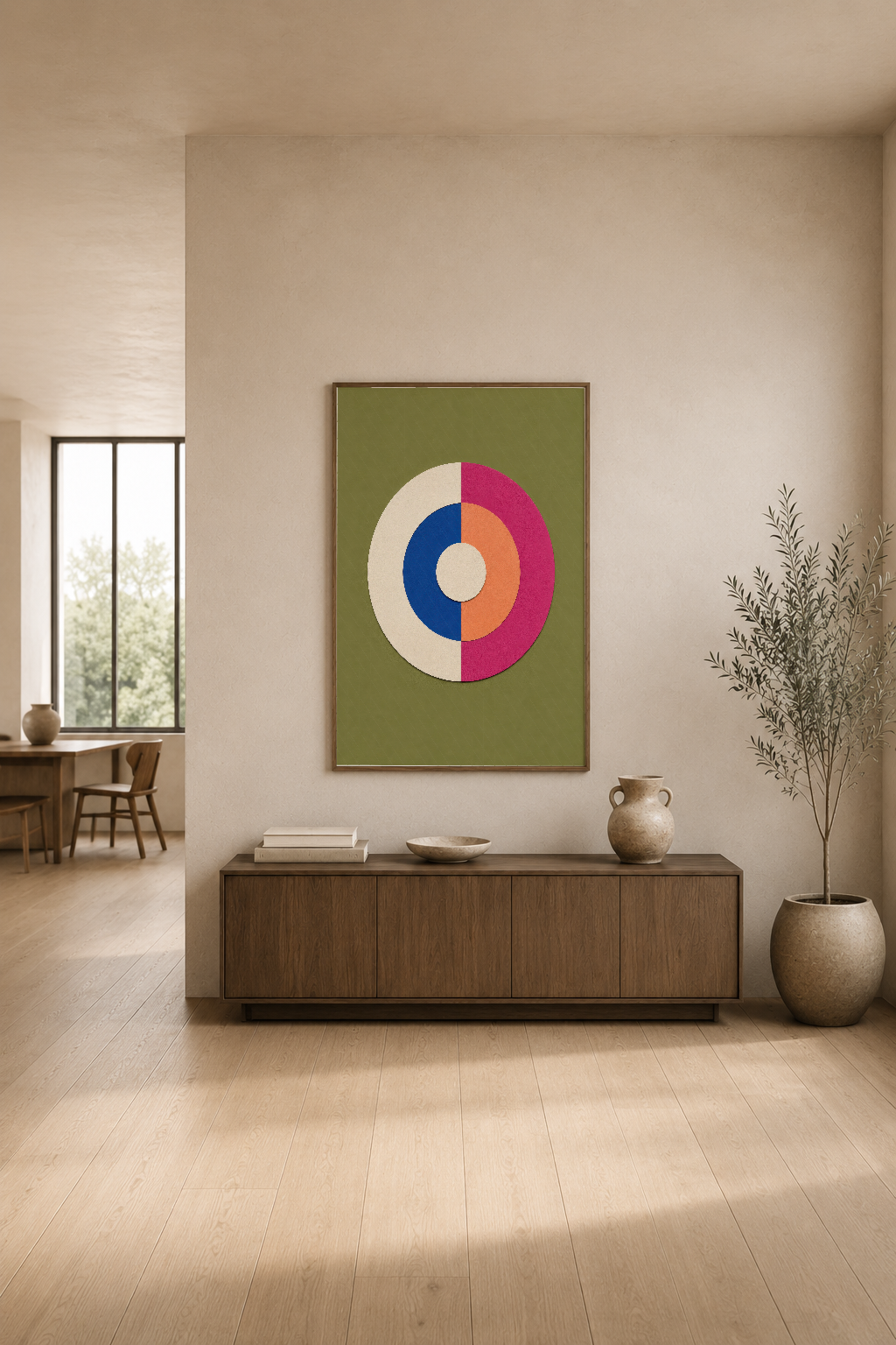 Retro çember composisyon, mavi-pembe-turuncu renk kombinasyonu modern ahşap aydınlık oturma alanında.