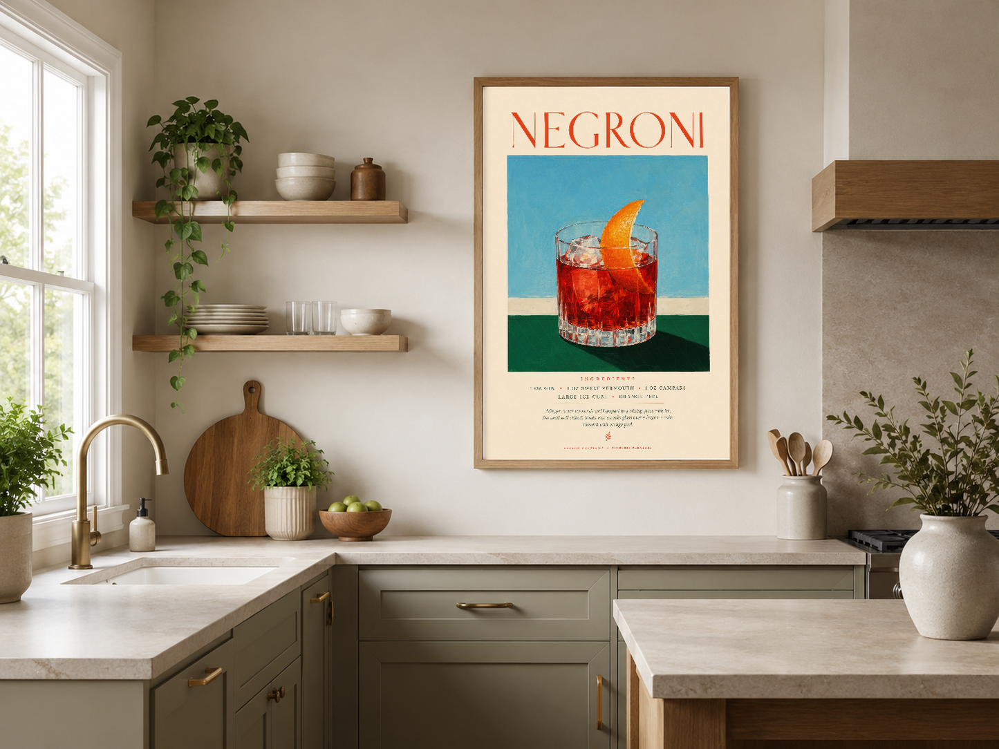 Vintage Negroni posteri, ahşap çerçevede mutfak duvarında şık dekorasyon olarak yer alıyor.