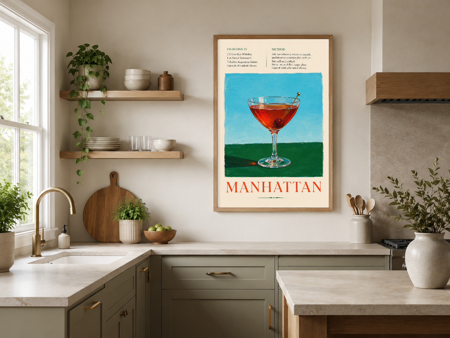 Vintage Manhattan kokteyl posteri, ahşap çerçeveli, şık mutfak tasarımında sergileniş.