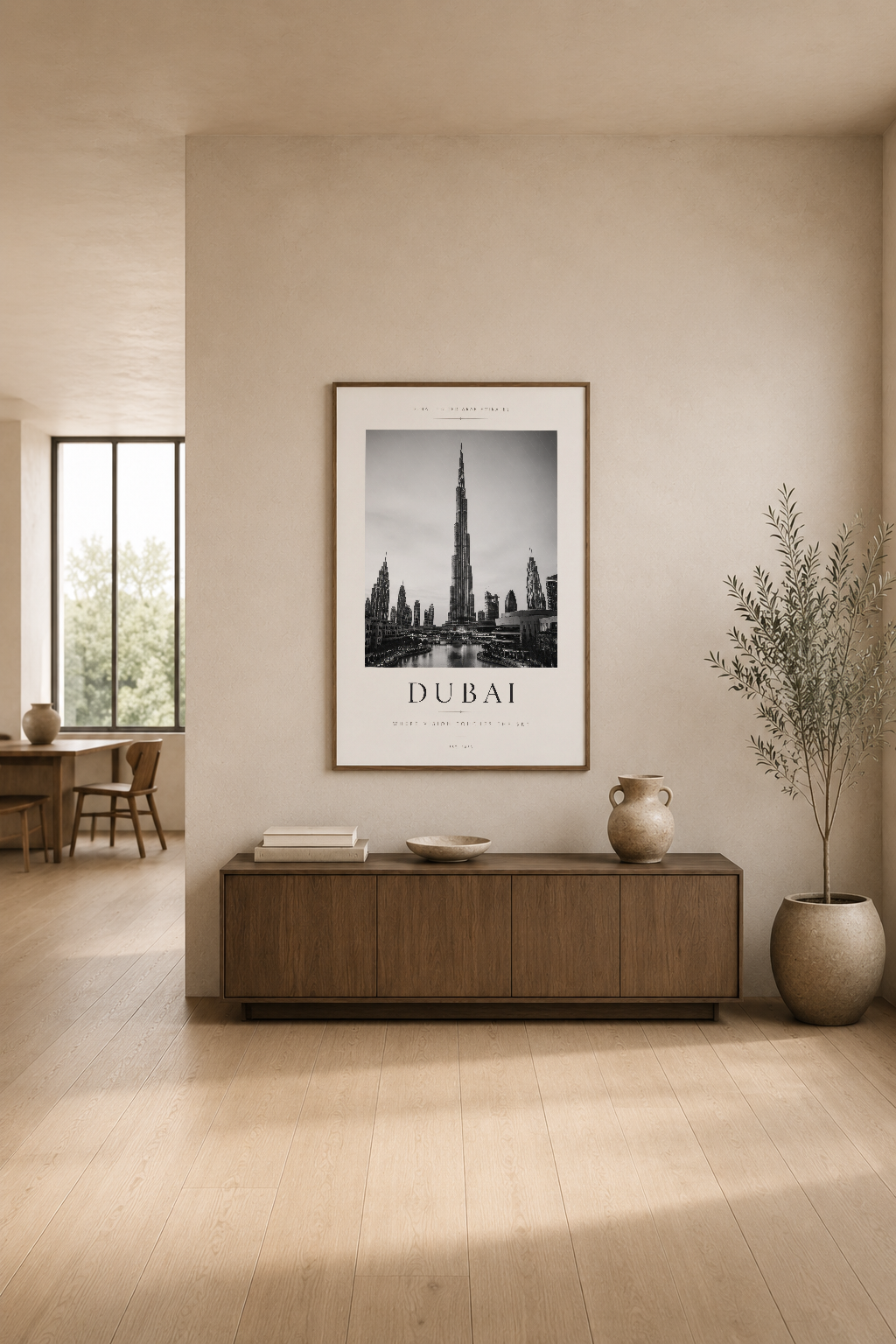 Dubai şehrini elegant siyah-beyaz görüntüsüyle sergileyen çerçeveli poster, modern oturma odasının duvarında.