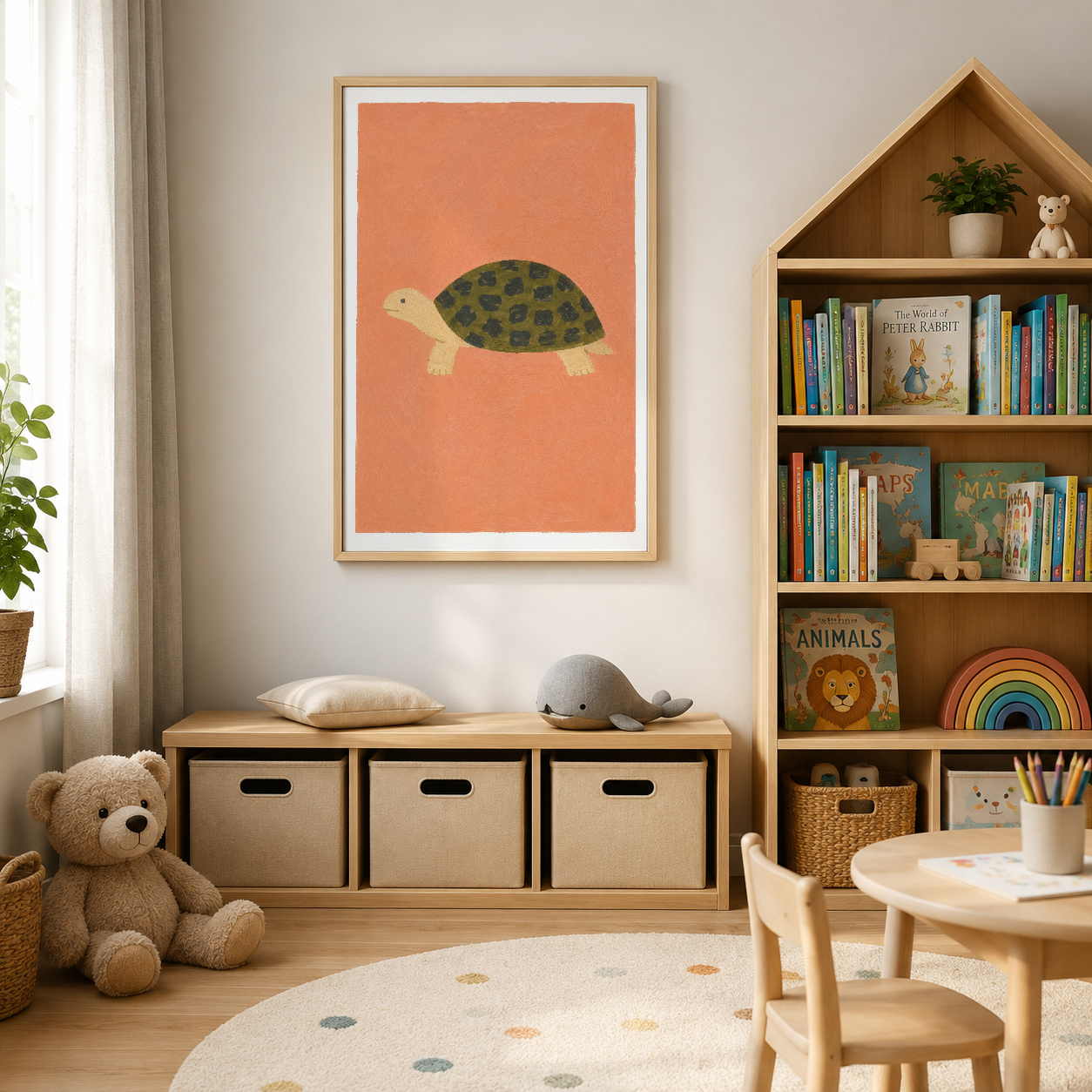 Ahşap çerçeveli, doğal tonlarda tasarlanmış çocuk odasında duvar tablosu olarak sergilenen kaplumbağa sanat baskısı.