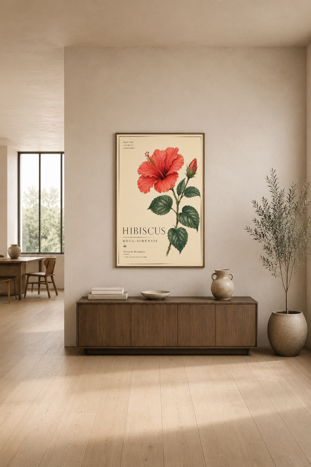 Canlı hibiskus desenli duvar tablosu, modern oturma odasında ahşap konsolun üstüne asılı.