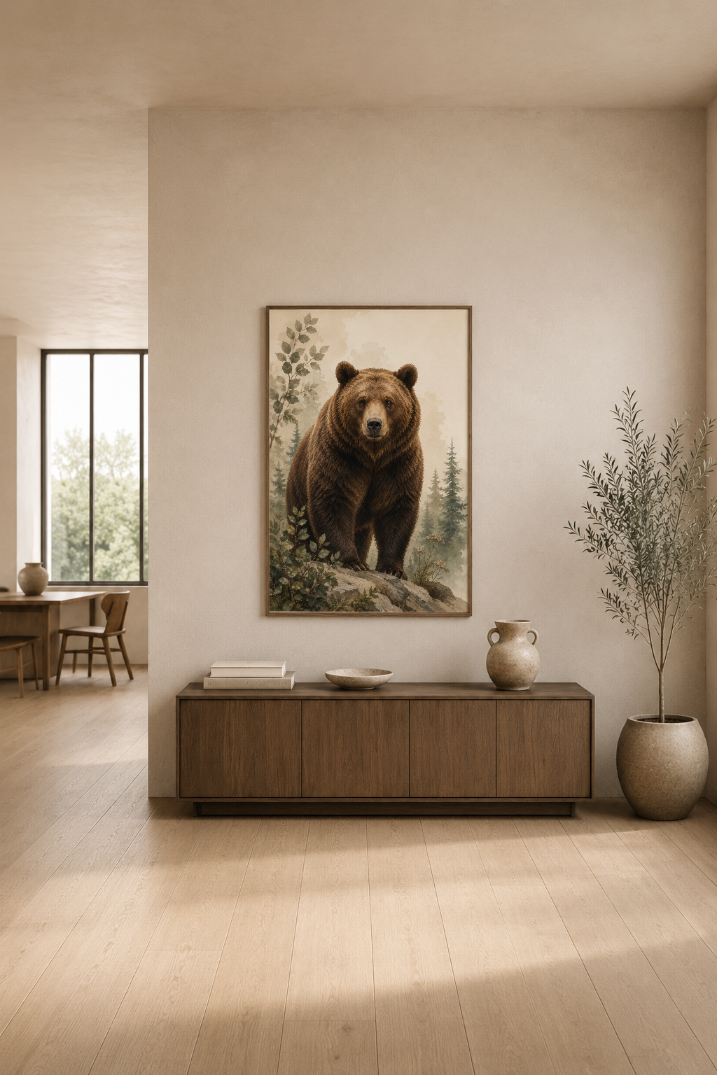 Modern oturma alanında, konsol üstünde sergilenen orman manzaralı ayı sanat tablosu.