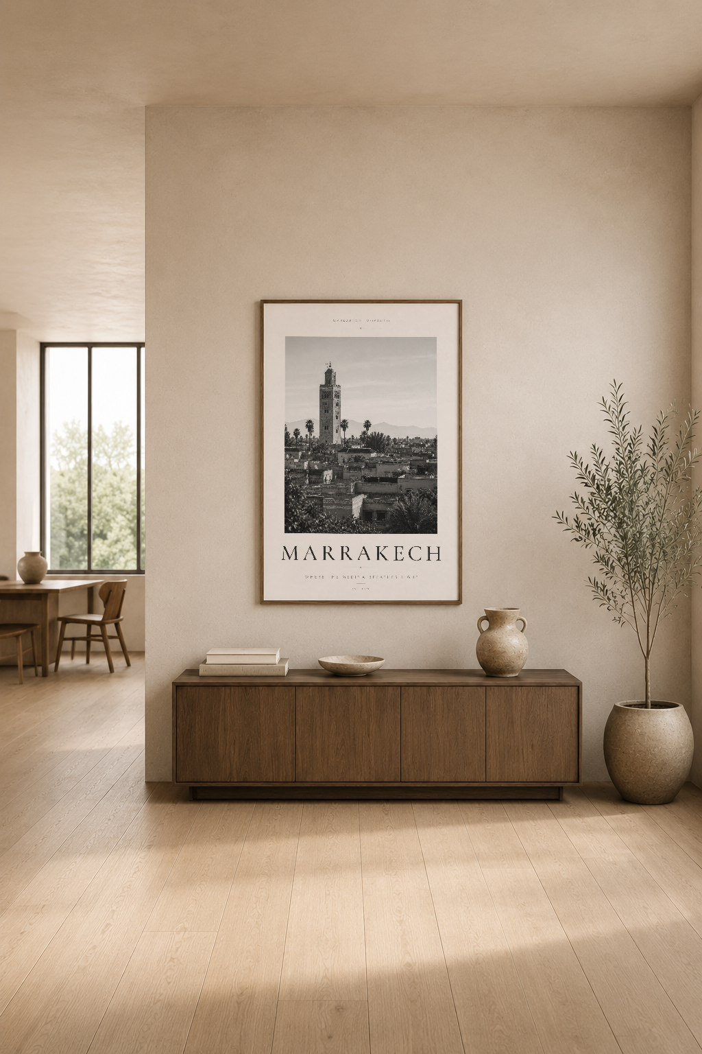Marrakech şehir manzarası posteri, modern oturma odasında ahşap konsol üzerinde minimalist dekorsyon.