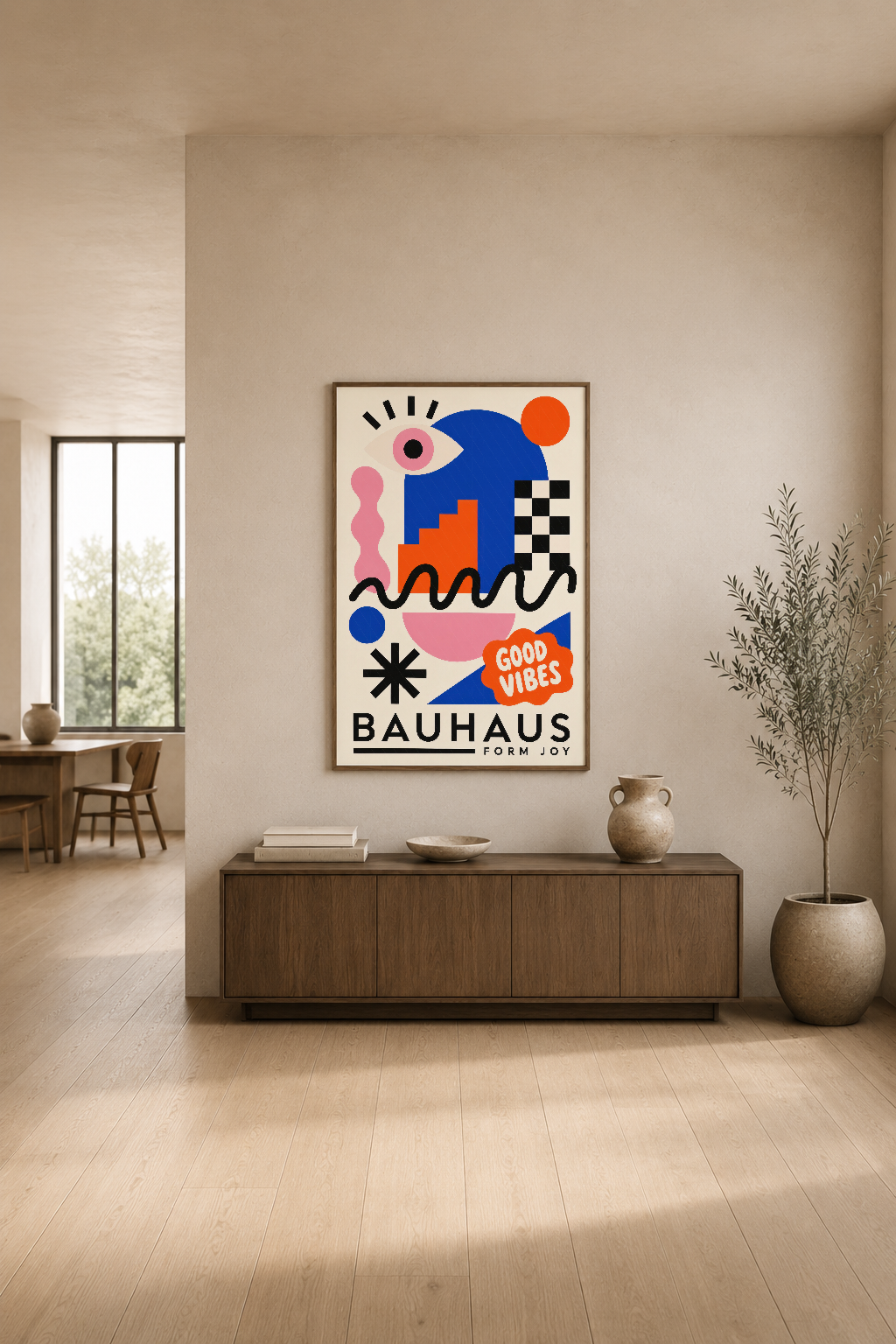 Good Vibes Bauhaus posteri, ahşap mobilya üzerinde minimalist iç mekanı tamamlayan renkli sanat eseri.