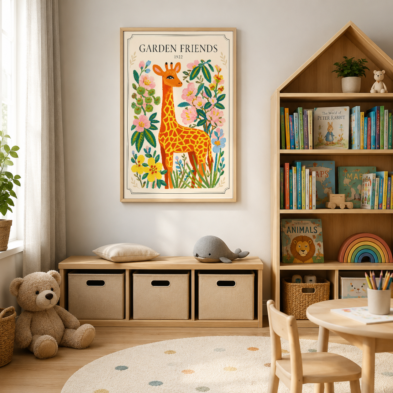 Retro tarzda zürafalar ve botanik çiçek desenleriyle renk katan Garden Friends sanat baskısı.