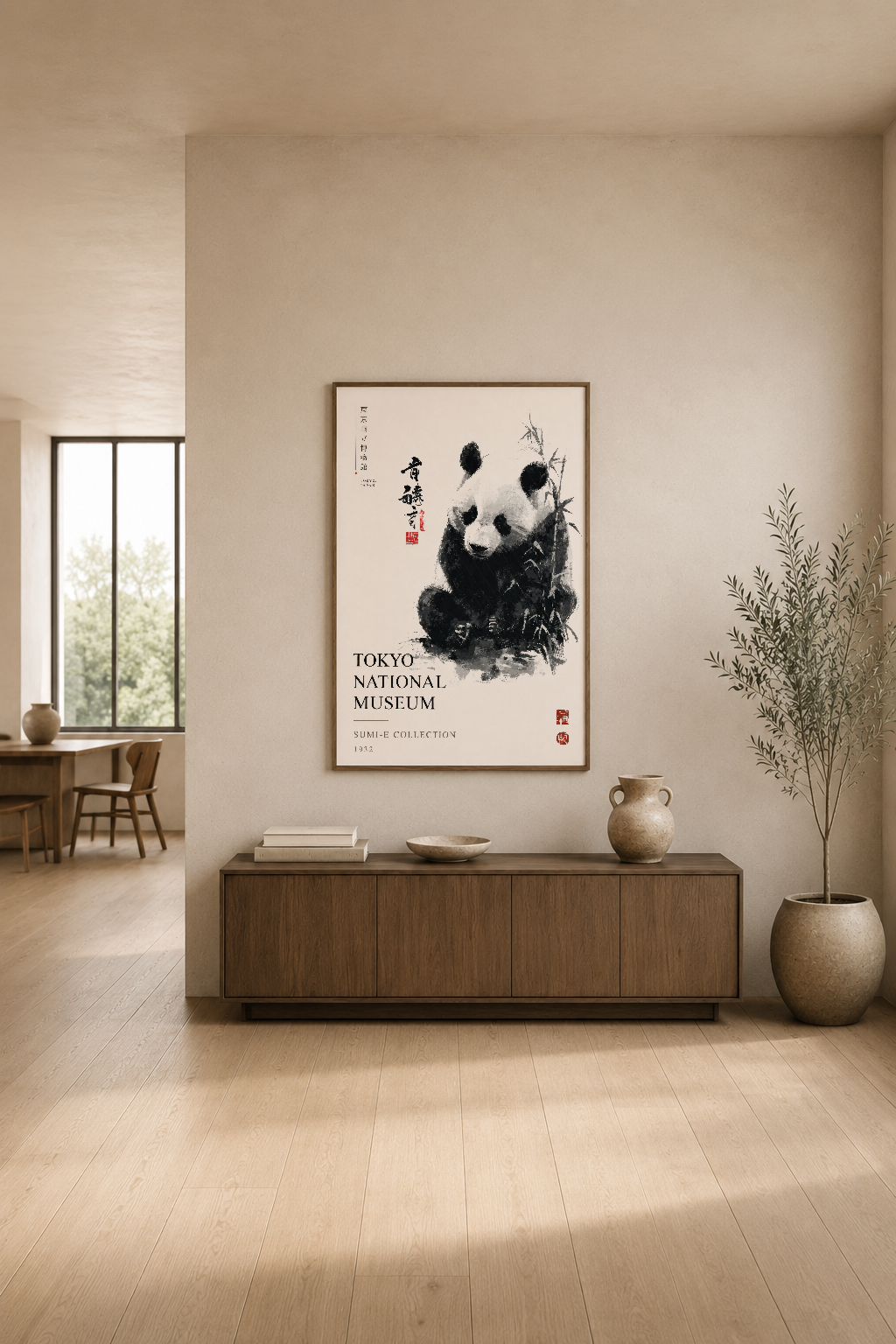 Geleneksel Japon mürekkep resmi panda görselli poster, modern ev dekorasyonunda nötr tonlar ve doğal ahşapla uyumlu.