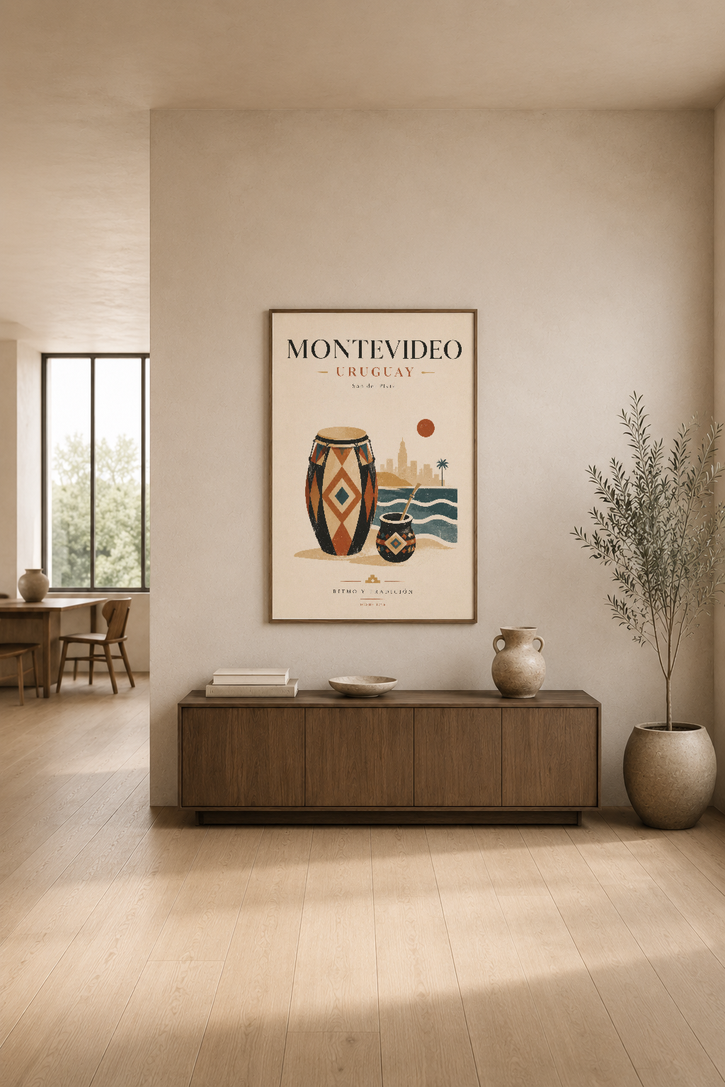 Montevideo Uruguay posteri, modern oturma alanında, ritim ve geleneğin simgesiyle dekorasyon yapan zarif duvar sanatı.