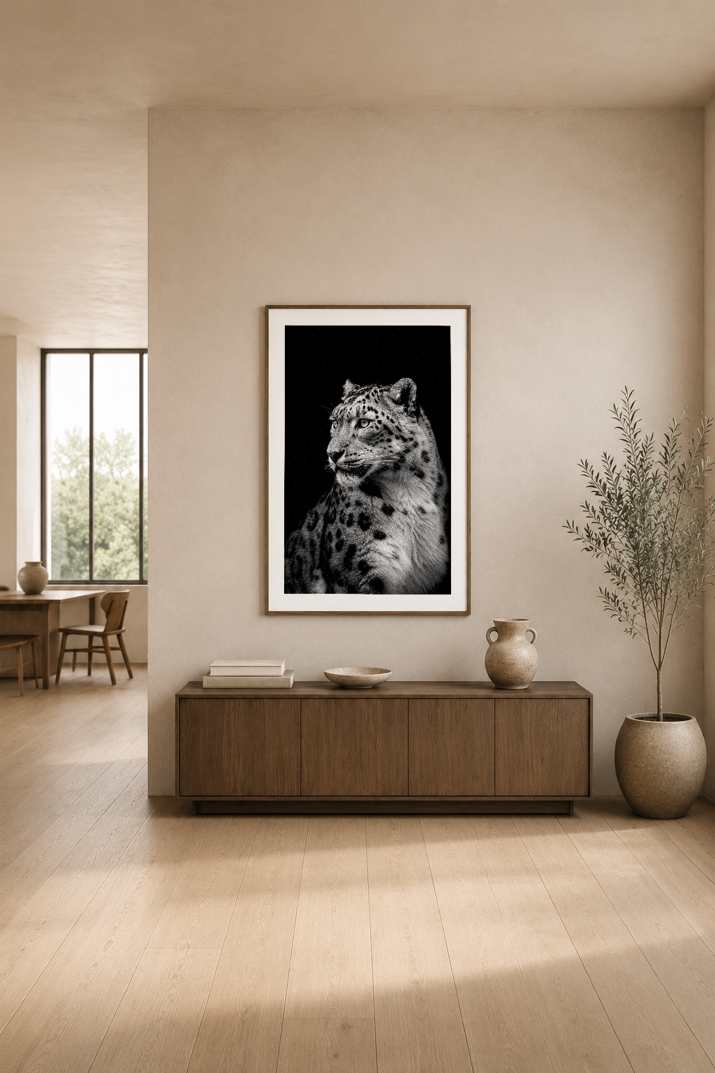 Kar leoparı sanat baskısı, modern oturma alanında ahşap mobilya üzerinde, minimalist dekorasyon konsepti.