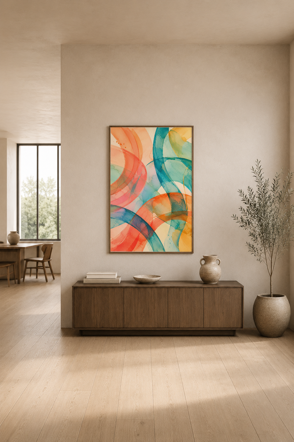 Canlı renkli akış motifli poster, minimal ahşap mobilya ve beige duvarlı modern oturma alanında.