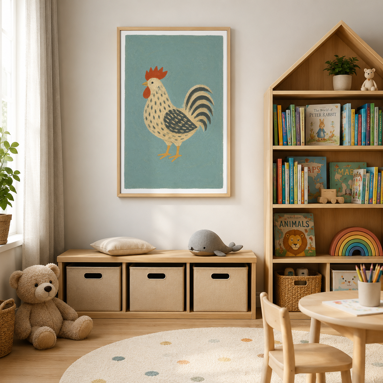 Folklorik horoz portresi, yumuşak turkuaz tonuyla, çocuk yatak odası dekorasyonunda asılı sanat eseri.