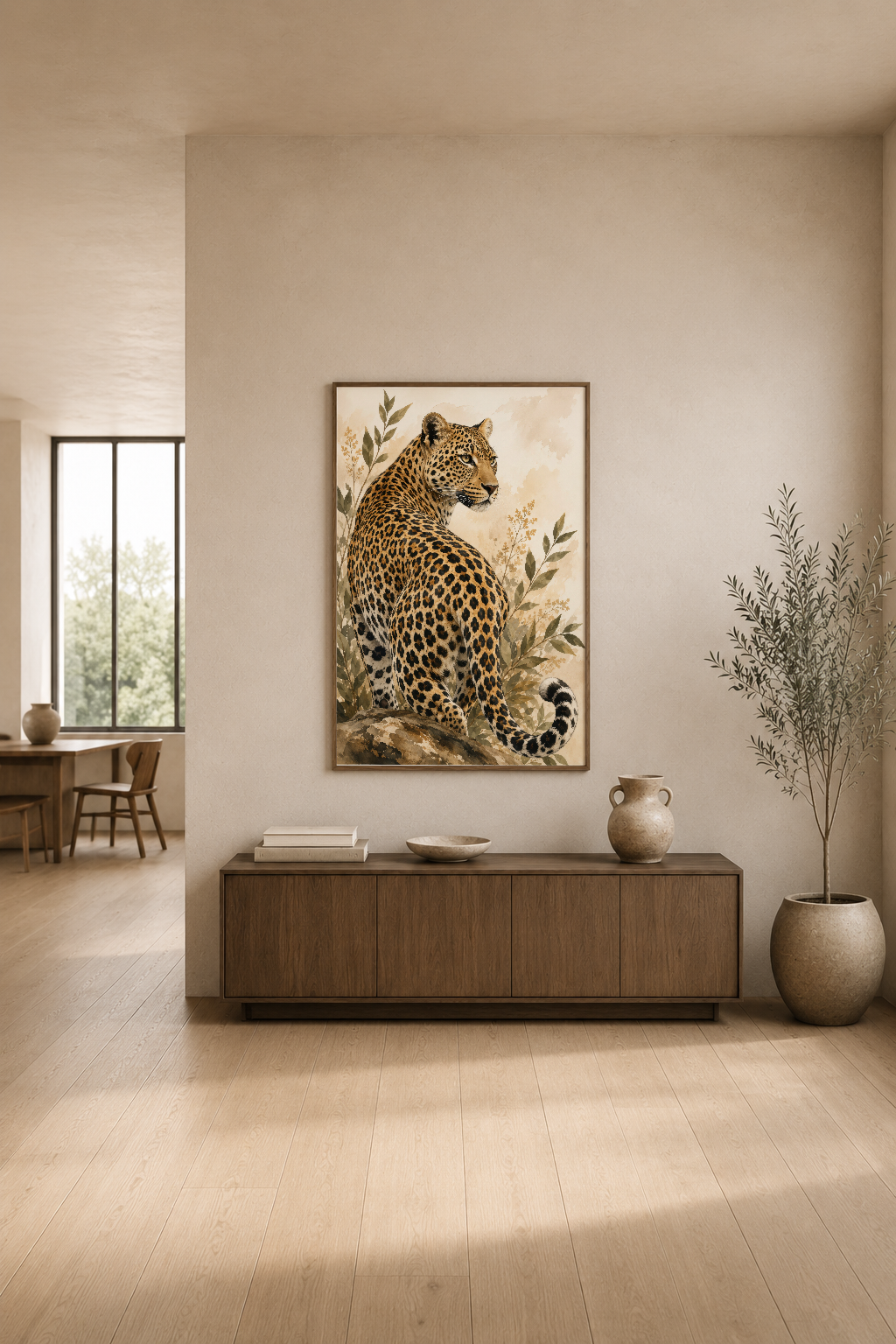 Leopar portresi, sakin ahşap iç dekorasyonda duvar tablosunda, minimalist modern yaşam alanında sergileniyor.