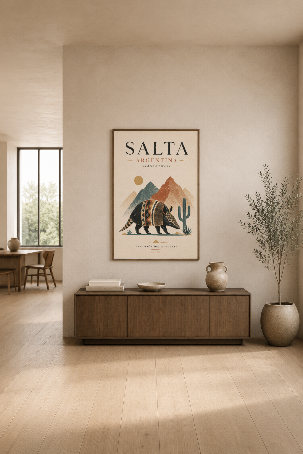 Salta Argentina posterı, minimalist oturma odasında ahşap mobilya ve doğal aydınlatmayla modern dekore edilmiş iç mekanda.
