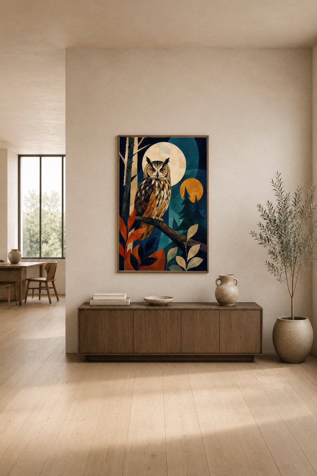 Ay ışığında baykuş figürü ve sonbahar yaprakları motifli dekoratif tablo, minimalist iç tasarımı tamamlayan sanat eseri.