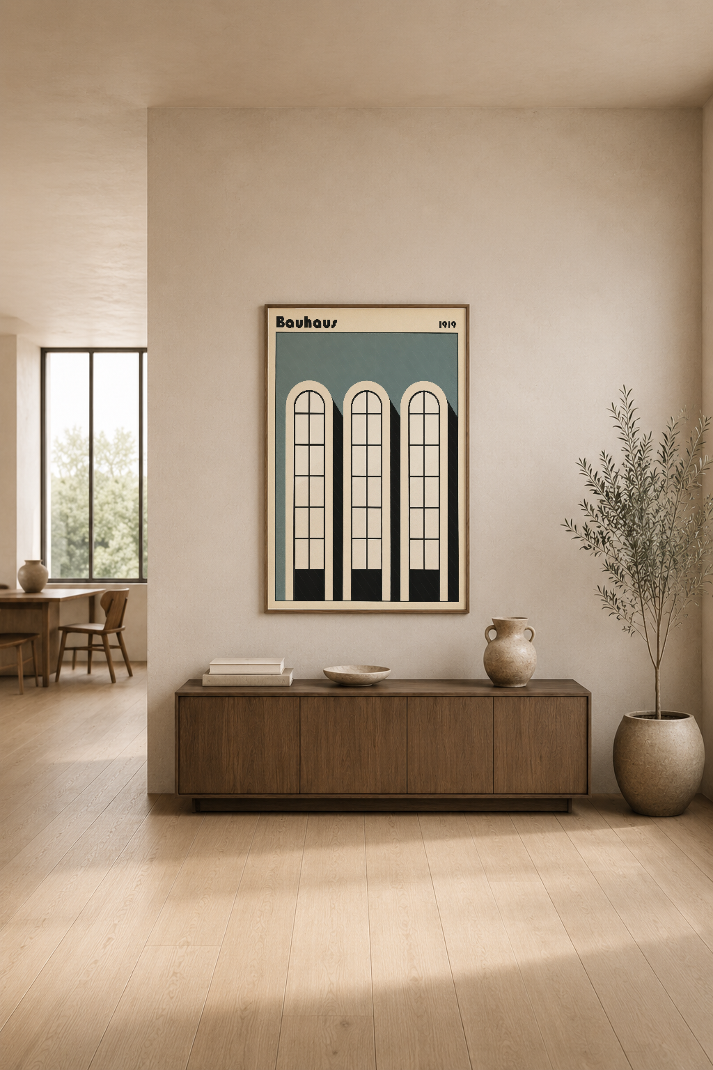 Bauhaus pencereleri motifli poster, modern oturma odası dekorasyonunda sanat aksesuarı.