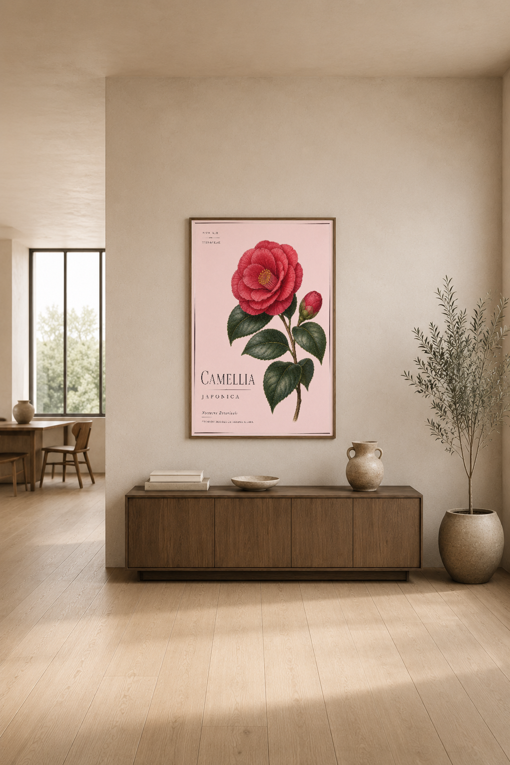 Botanik tarzı kamelya japonica tablosu, minimalist oturma odasının duvarında modern dekorasyon unsuru.