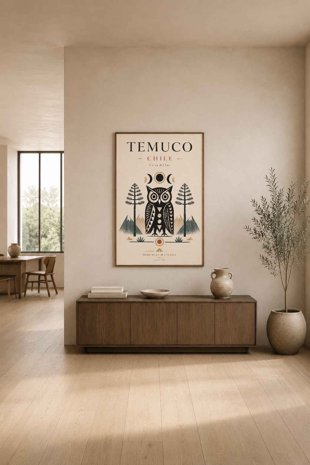 Temuco Chile posteri, ay fazları ve orman figürleriyle minimal modern yaşam alanında sergileniyor.