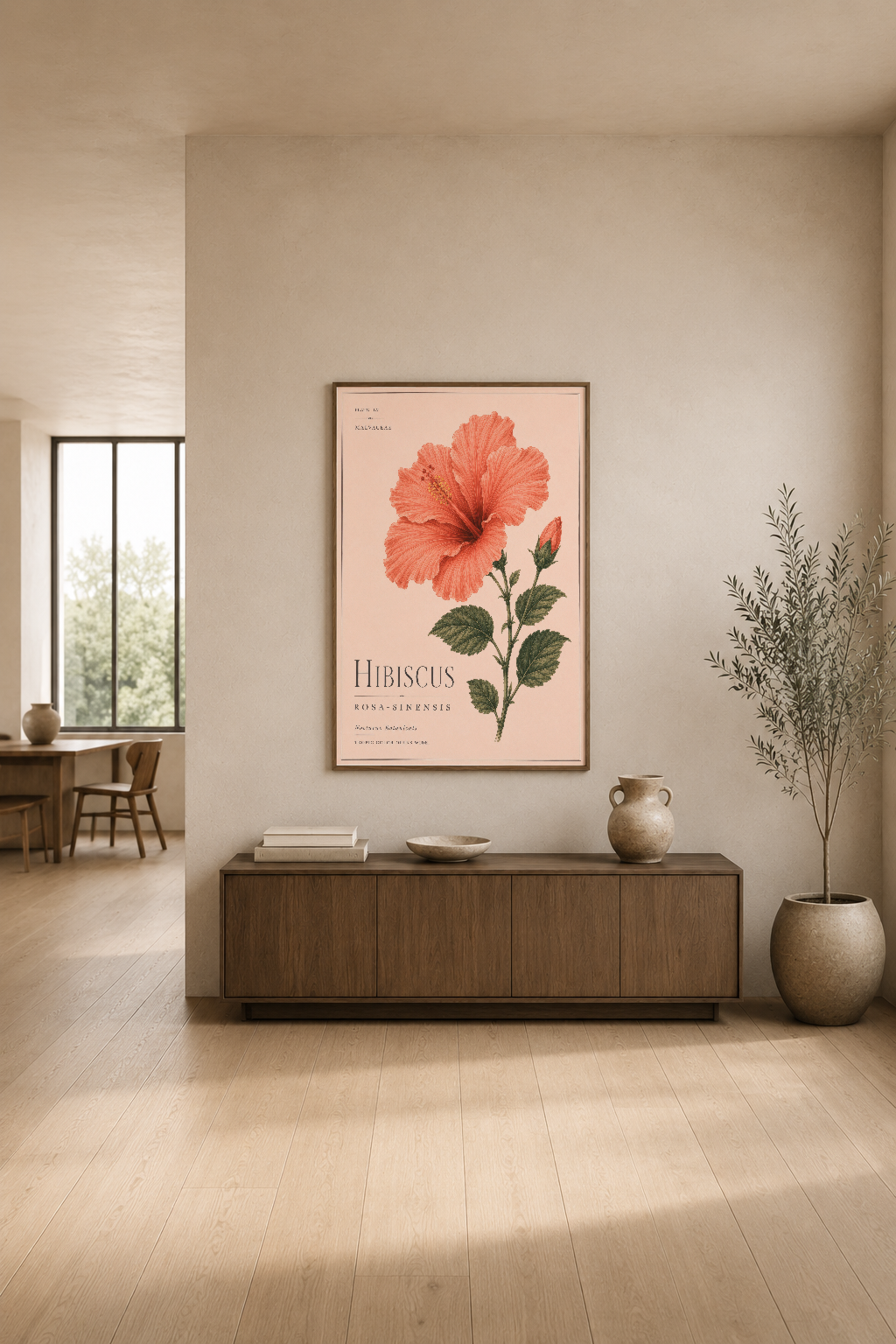 Mercan renkli hibiskus çiçeği tasarımlı poster, minimalist oturma odasının duvarında, ahşap mobilyenin üstünde.