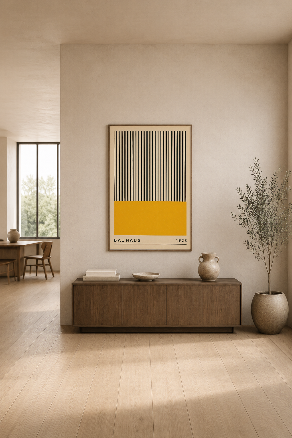 Geometrik Bauhaus posterinin minimalist oturma alanında, doğal ahşap mobilyalar arasında sergilenmesi.